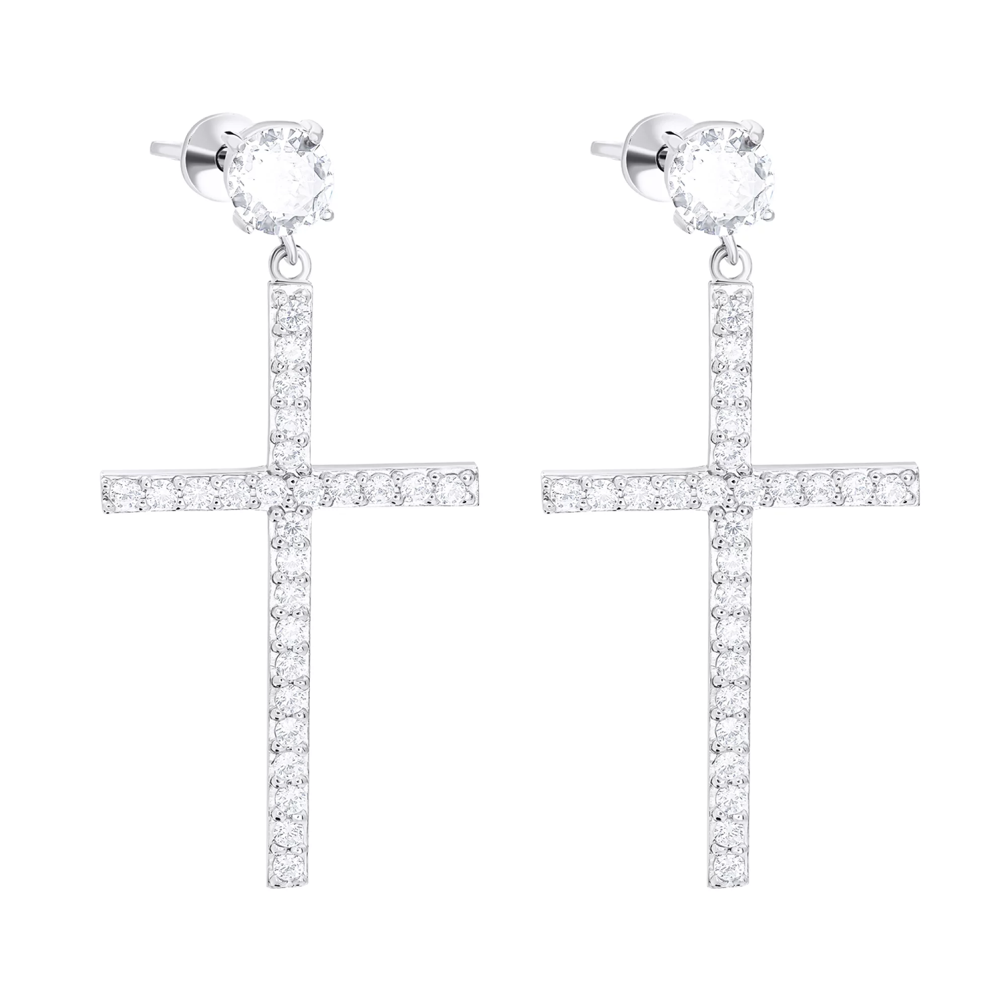 Сережки-гвоздики зі срібла з підвісками "Хрестики" з фіанітами - 1548777 – зображення 1