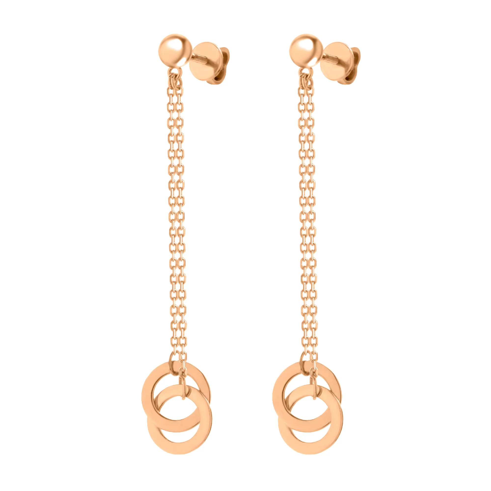 Сережки-гвоздики из красного золота с подвесками - 971639 – изображение 1