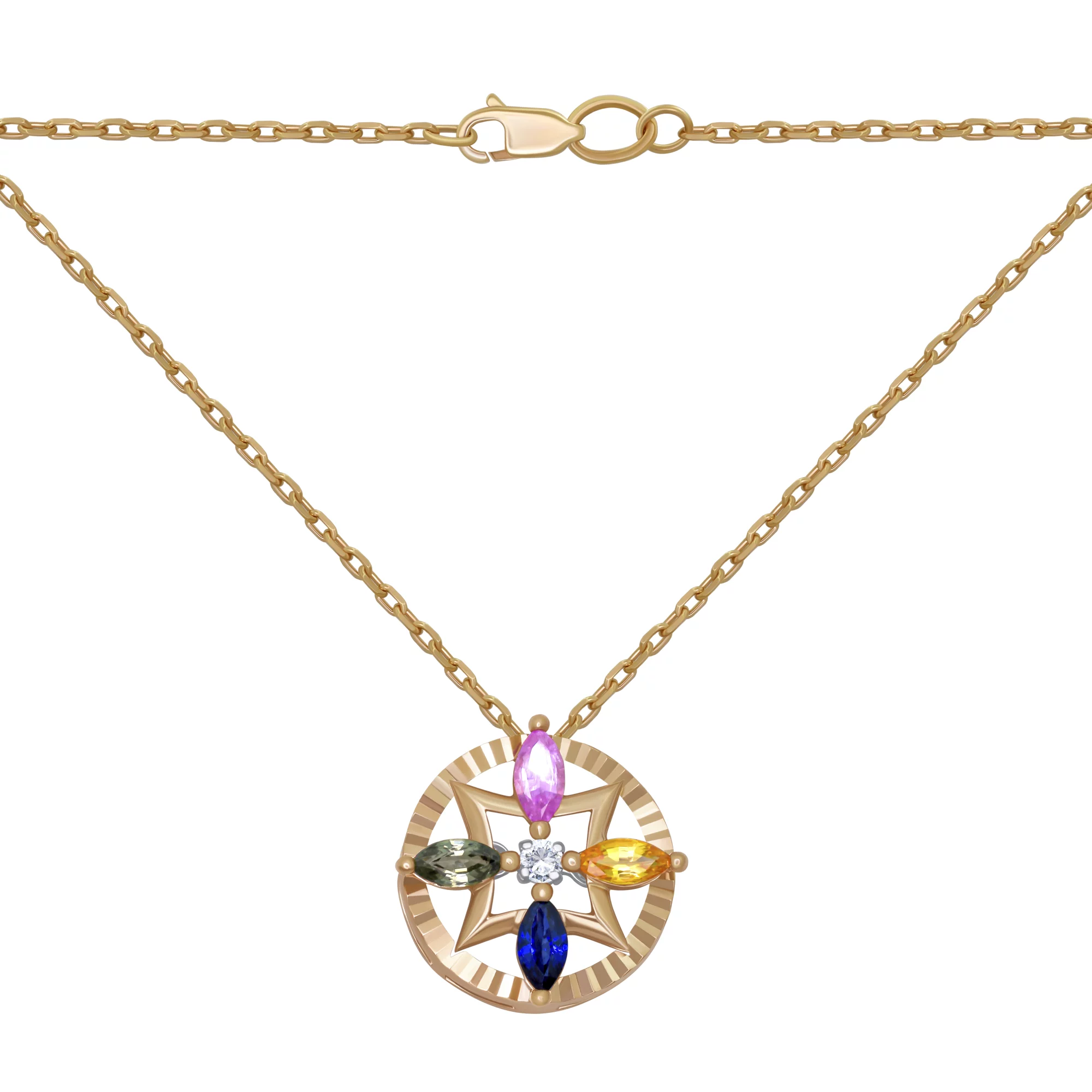 Ланцюжок із золота з підвіскою і кольоровими сапфірами і діамантами плетіння якірне - 897030 – зображення 1