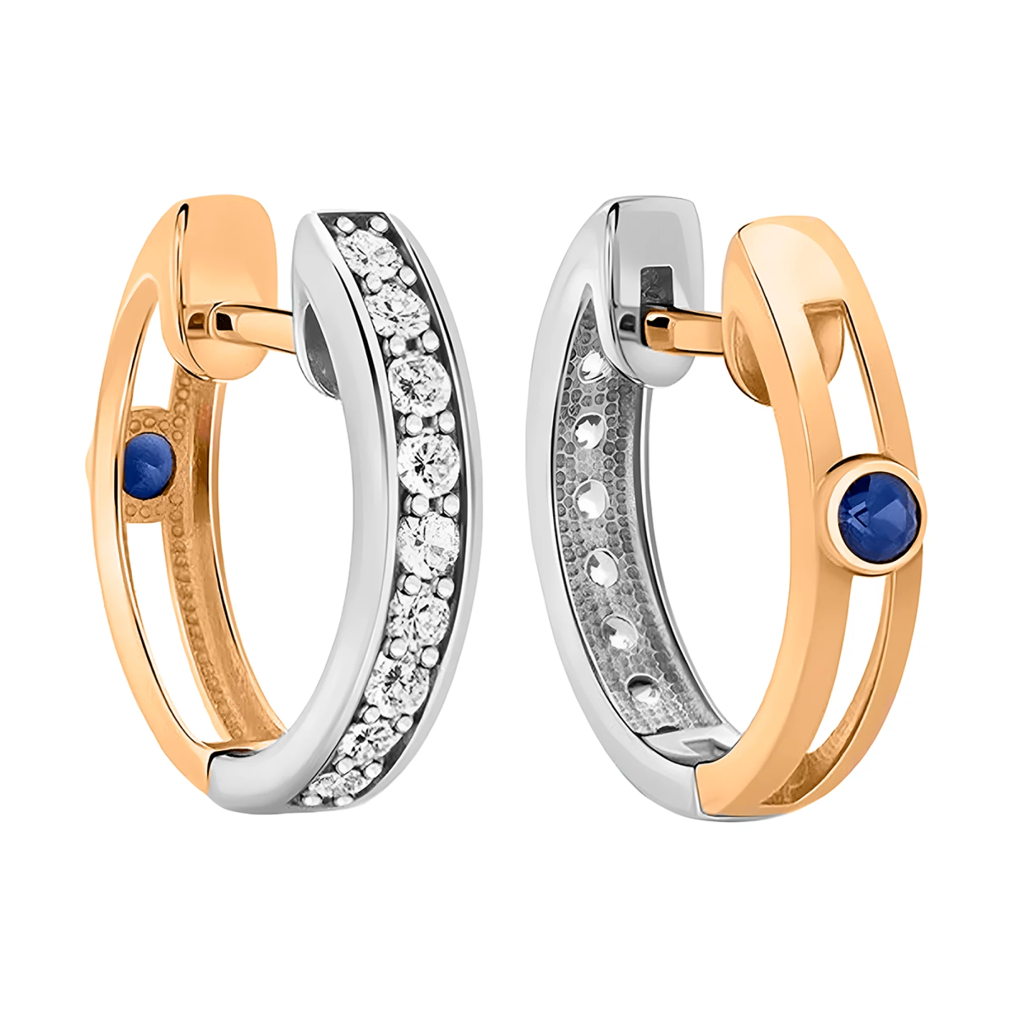 Золотые серьги-кольца с сапфиром и фианитом - 406708 – изображение 1