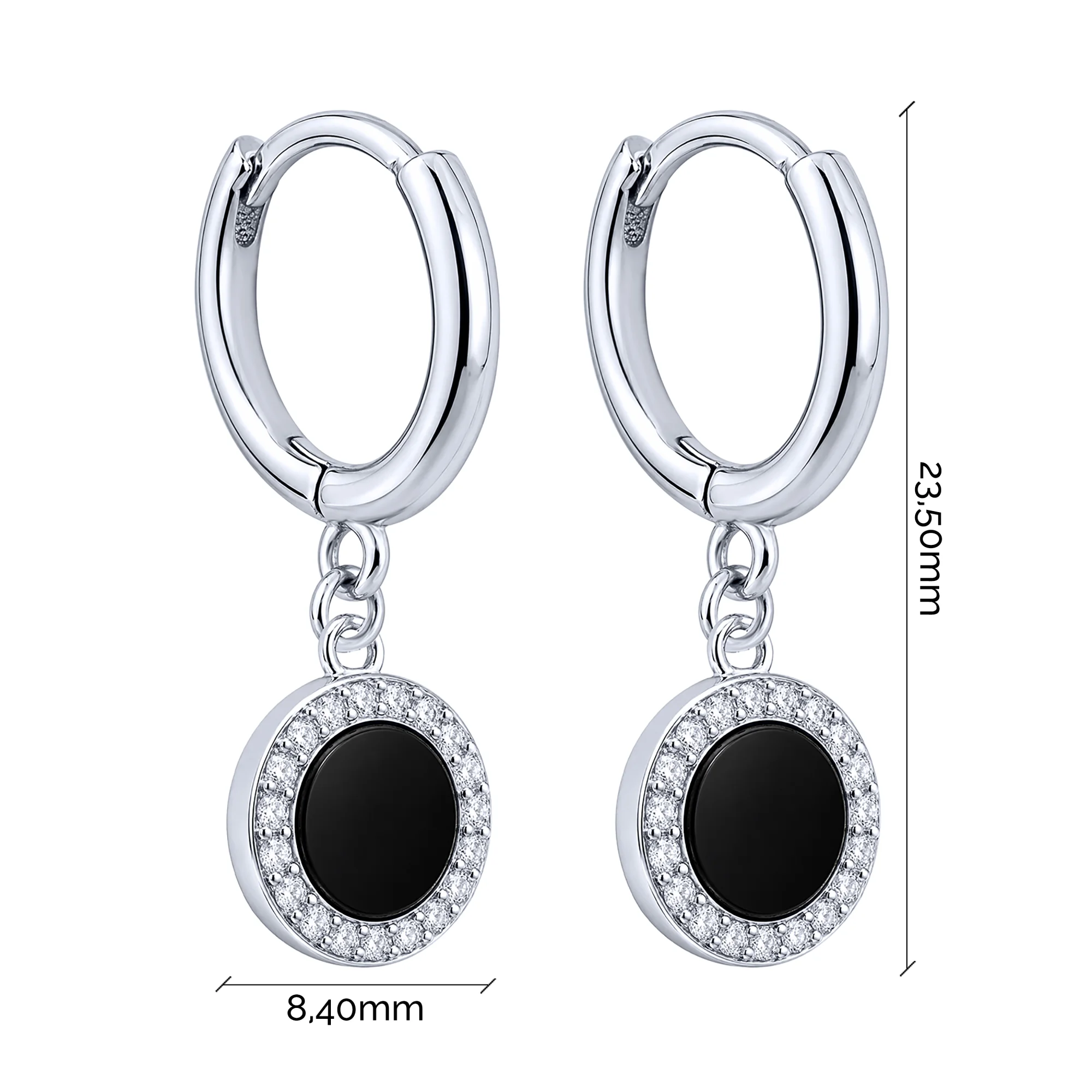 Сережки-кольца из серебра с подвесами с ониксом и фианитами  - 2260789 - 2