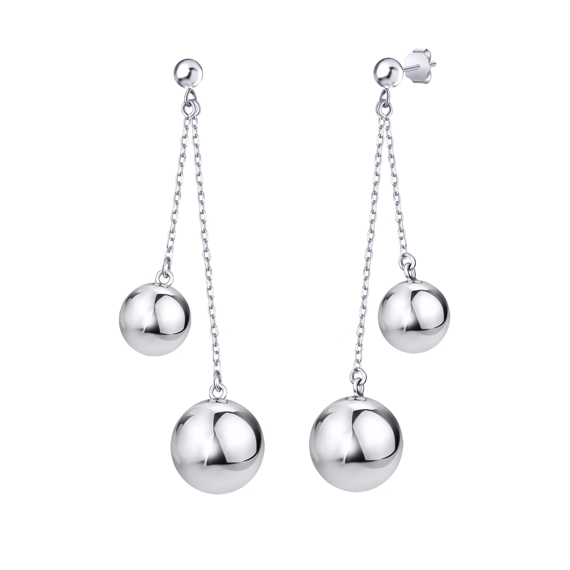 Сережки-гвоздики серебряные с подвесами Шарики - 411165 – изображение 1