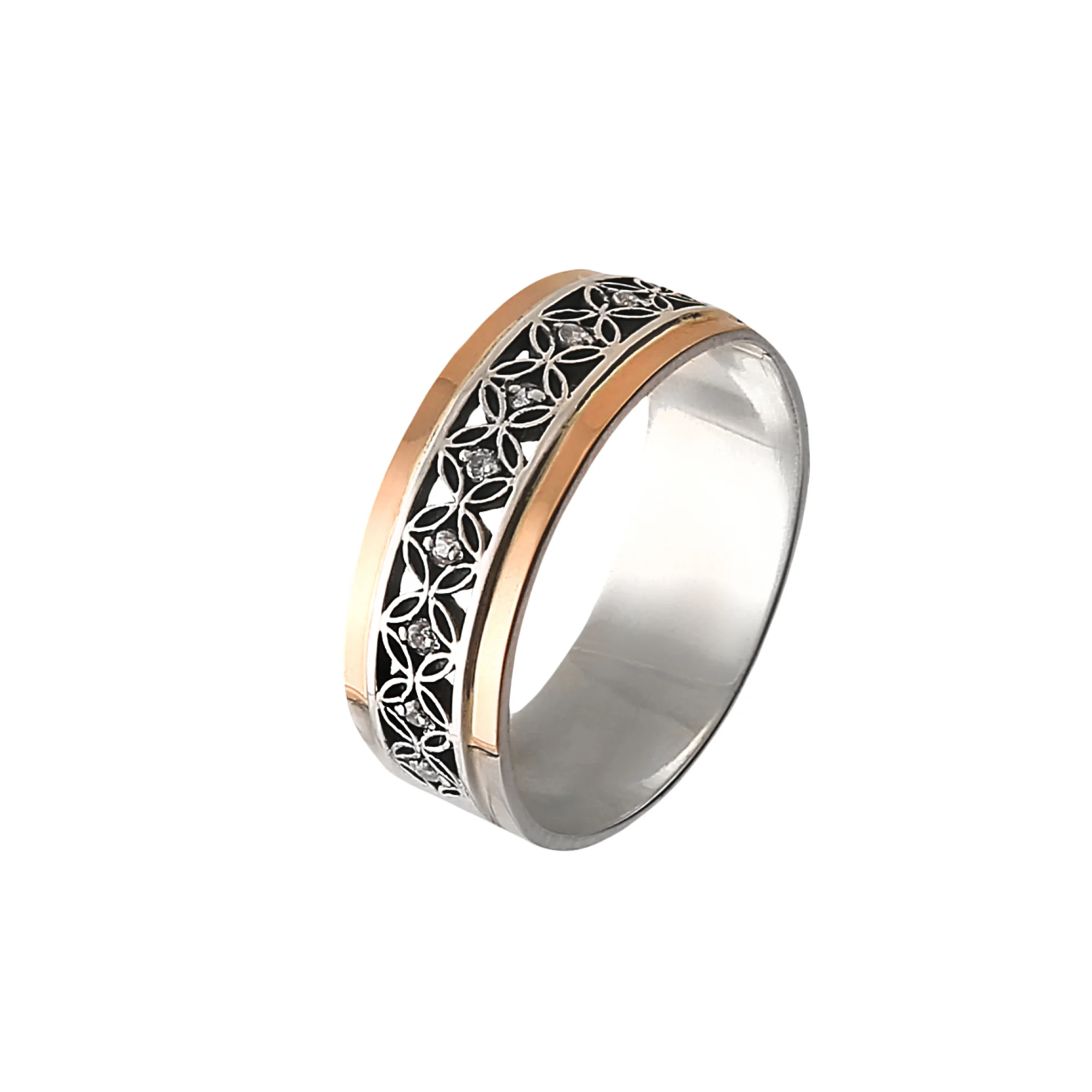 Серебряное кольцо с узором, фианитами и золотой накладкой - 1426787 - 1
