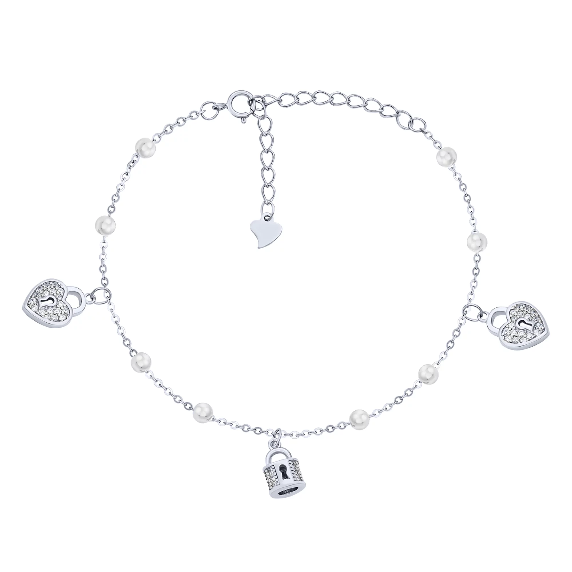 Срібний браслет з підвісами "Сердечка" з фіанітами плетіння якір - 1612545 – зображення 1
