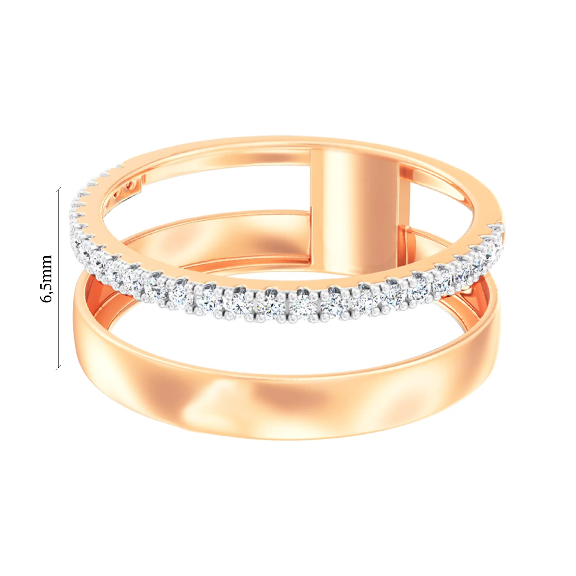Двойное кольцо из красного золота с фианитом - 973388 – изображение 2