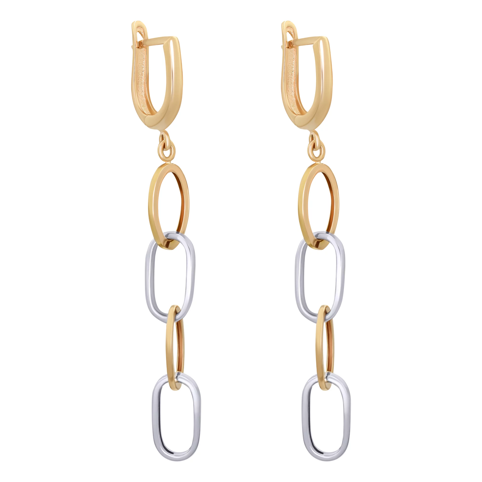 Сережки из комбинированного золота с подвесными цепями - 890886 – изображение 1