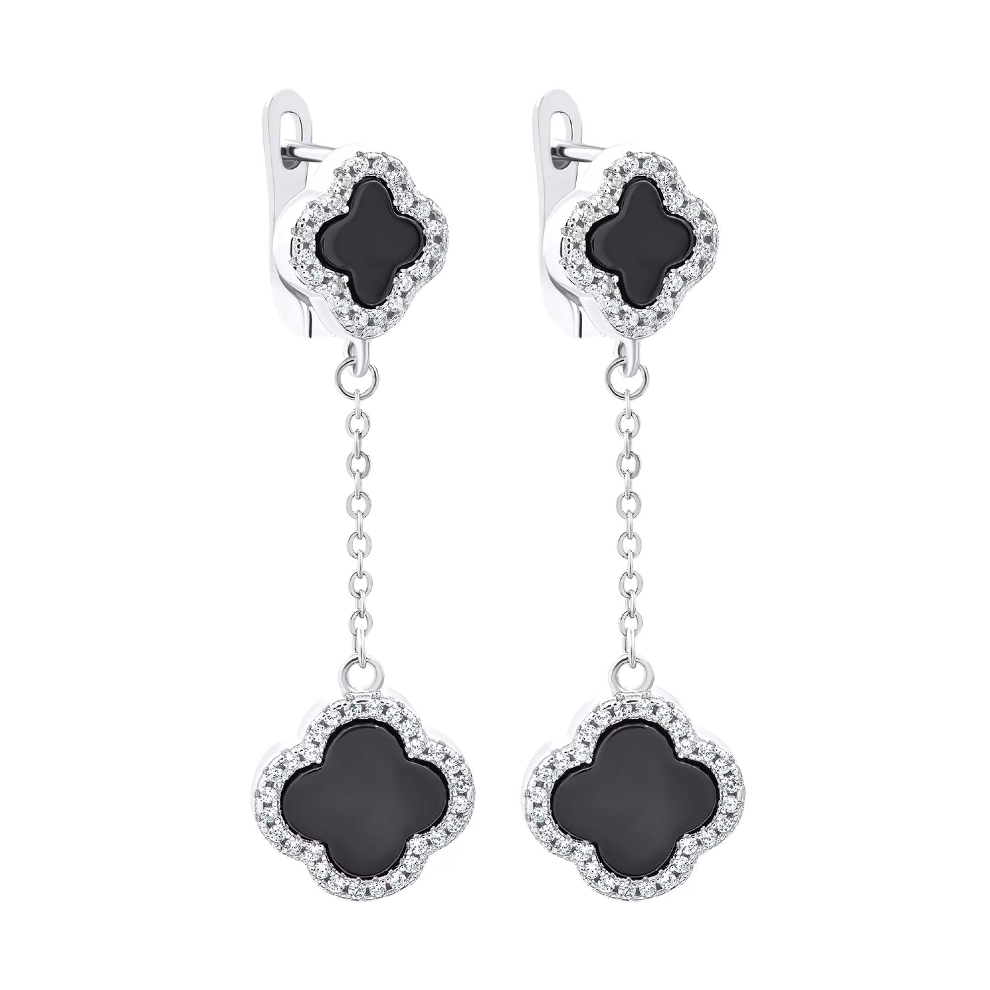 Срібні сережки з підвісками конюшина з оніксом та фіанітами - 1520595 – зображення 1