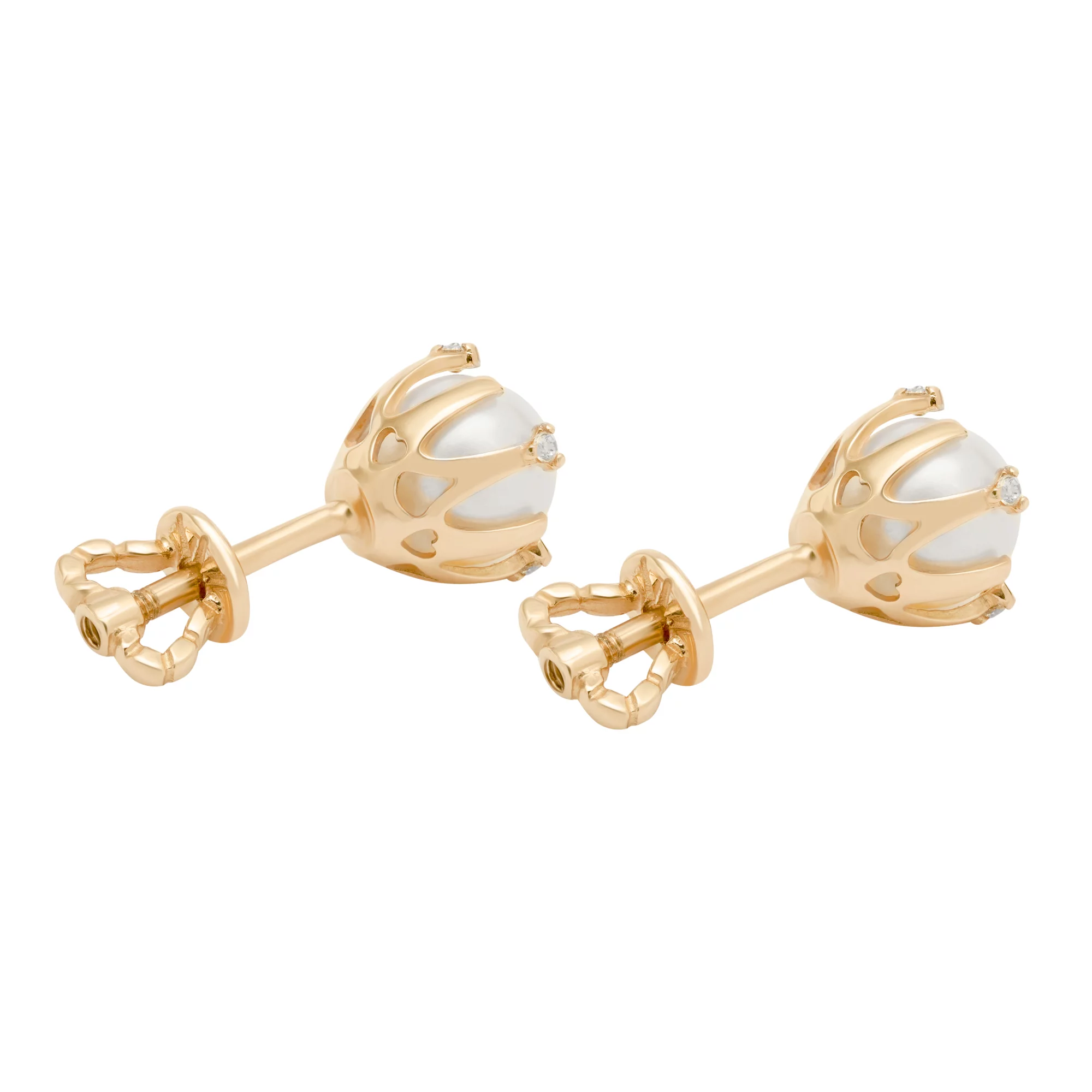Сережки-гвоздики с жемчужиной и фианитами из красного золота  - 1617638 – изображение 4