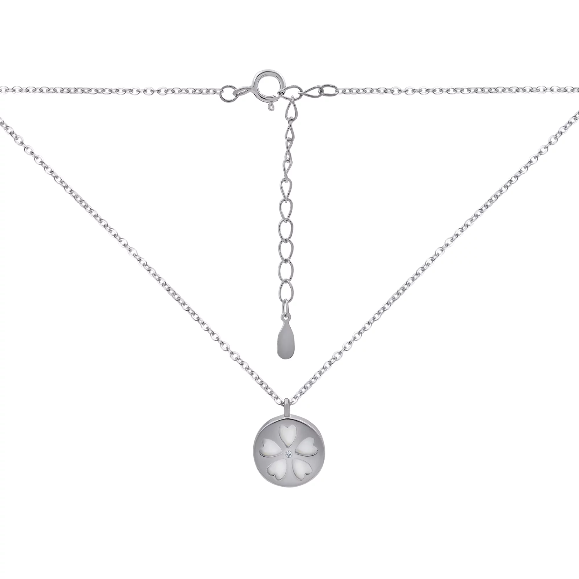 Ланцюжок зі срібла з підвіскою "Квіточка" з фіанітом і перламутром у якірному плетінні - 1265176 – зображення 1
