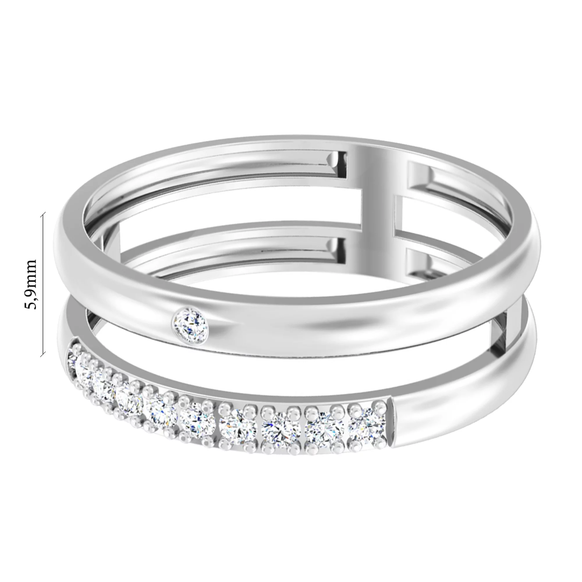 Двойное кольцо из белого золота с фианитом - 1101096 – изображение 2