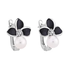 Екстравагантні сережки "Флора" у білому золоті з емаллю, перлиною та фіанітами - 1938083