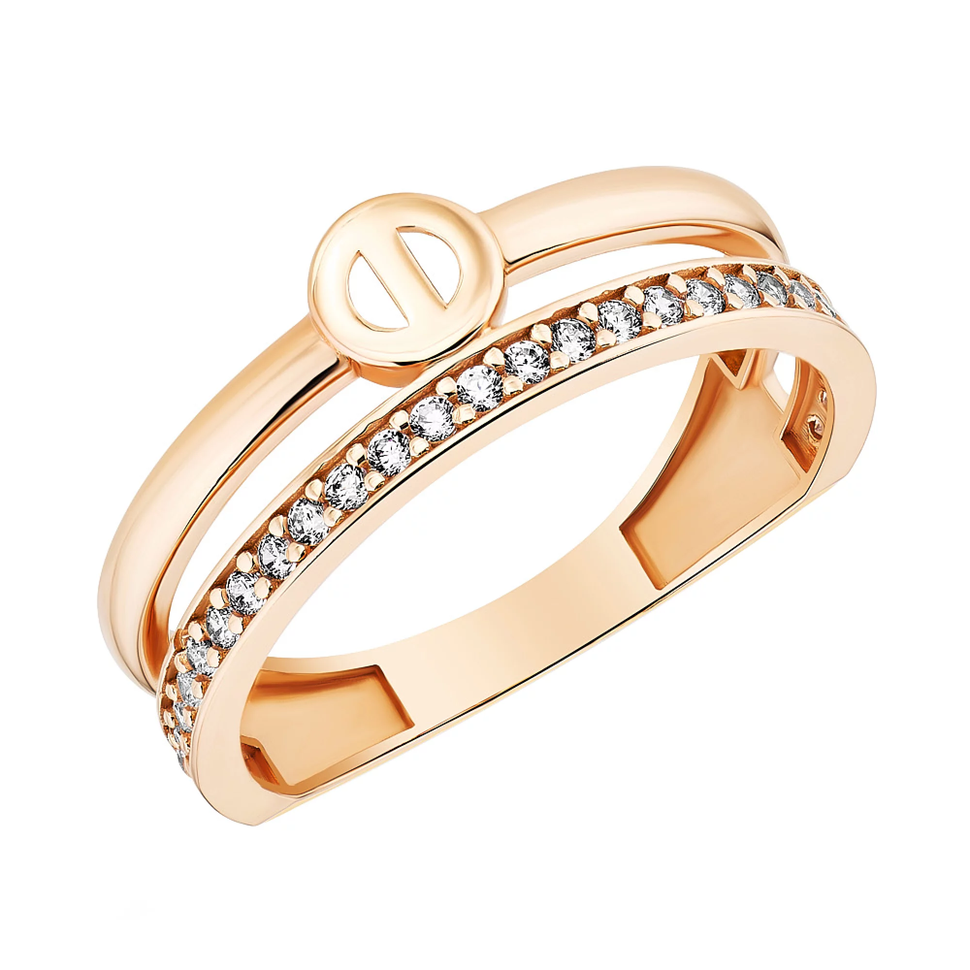 Двойное кольцо с фианитом из красного золота - 1451191 – изображение 1