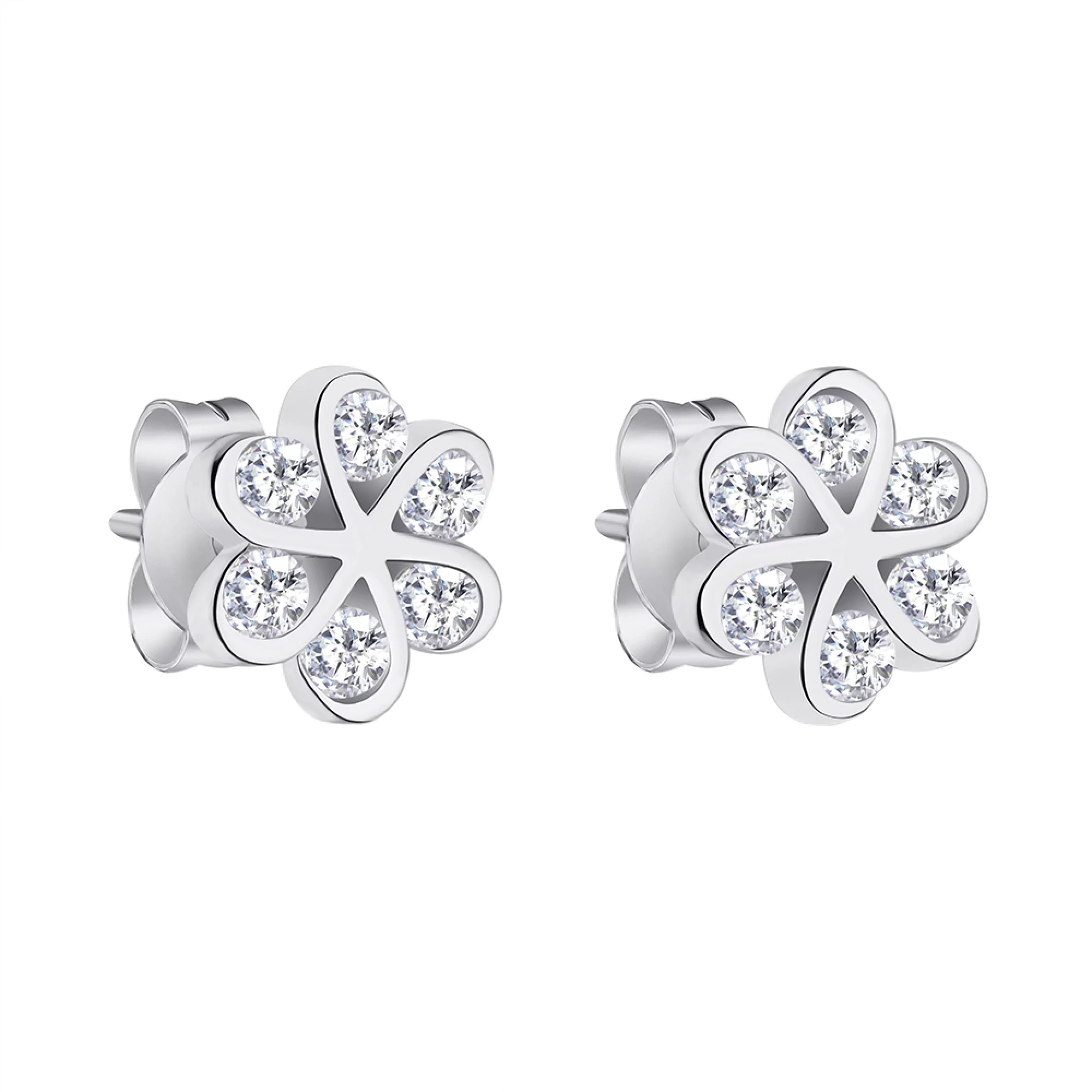 Серьги-гвоздики из серебра "Цветок" с фианитом - 1300541 – изображение 1