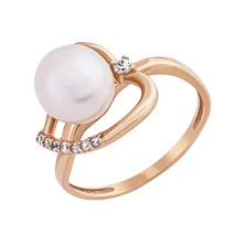 Стильна каблучка "Листок" у червоному золоті з перлиною та фіанітами - 1955339