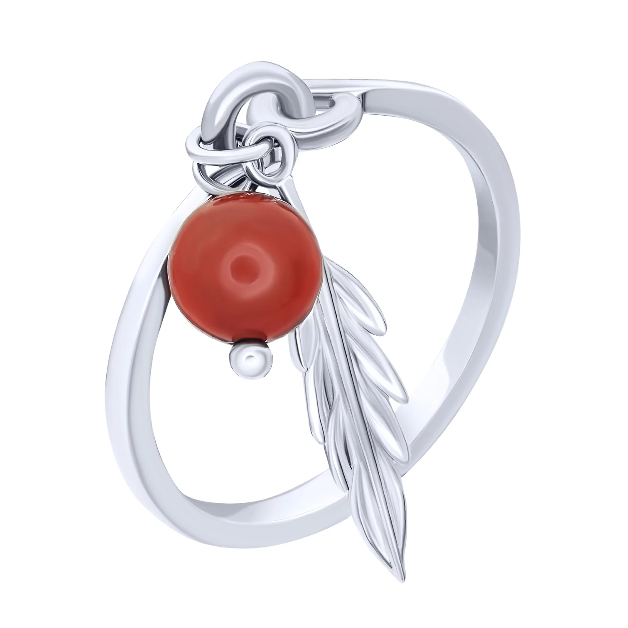 Серебряное кольцо с подвесным кораллом и листочком - 1742852 – изображение 1
