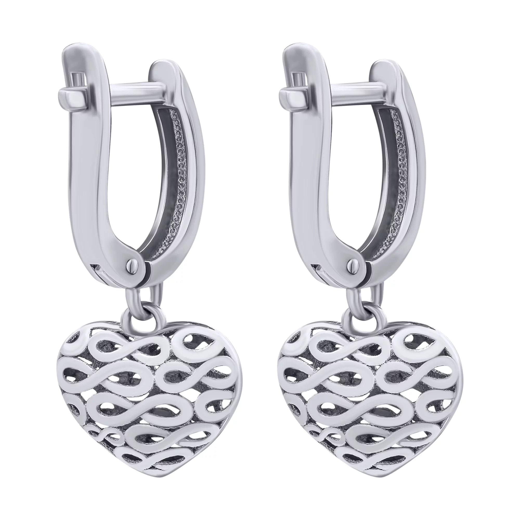 Сережки серебряные с платиновым покрытием и подвесками "Сердца" - 878663 – изображение 2