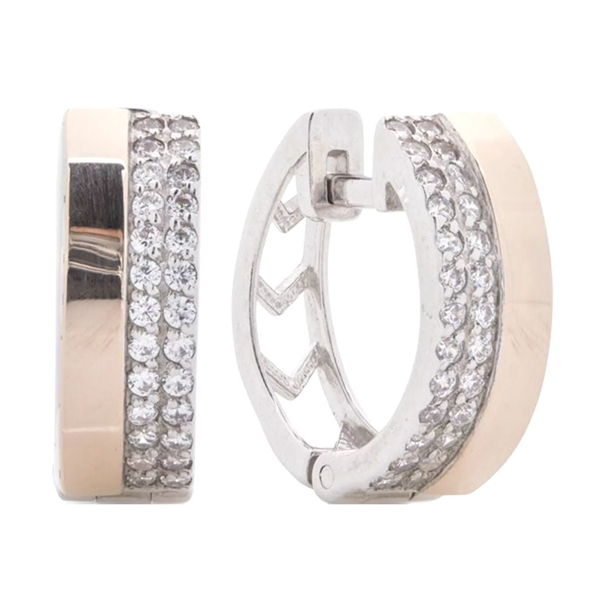 Серебряные серьги-кольца с позолотой и фианитом - 409921 – изображение 1