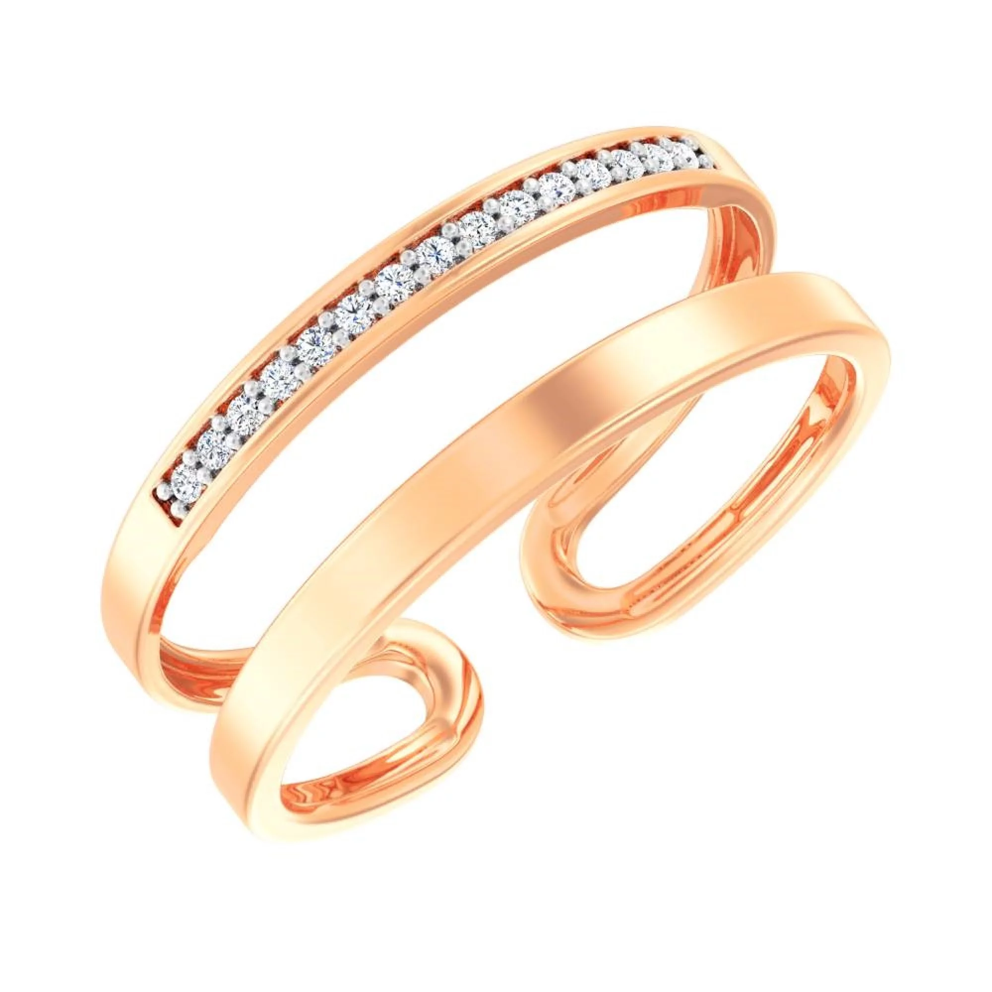 Двойное кольцо на фалангу из красного золота с фианитом - 1450768 – изображение 1