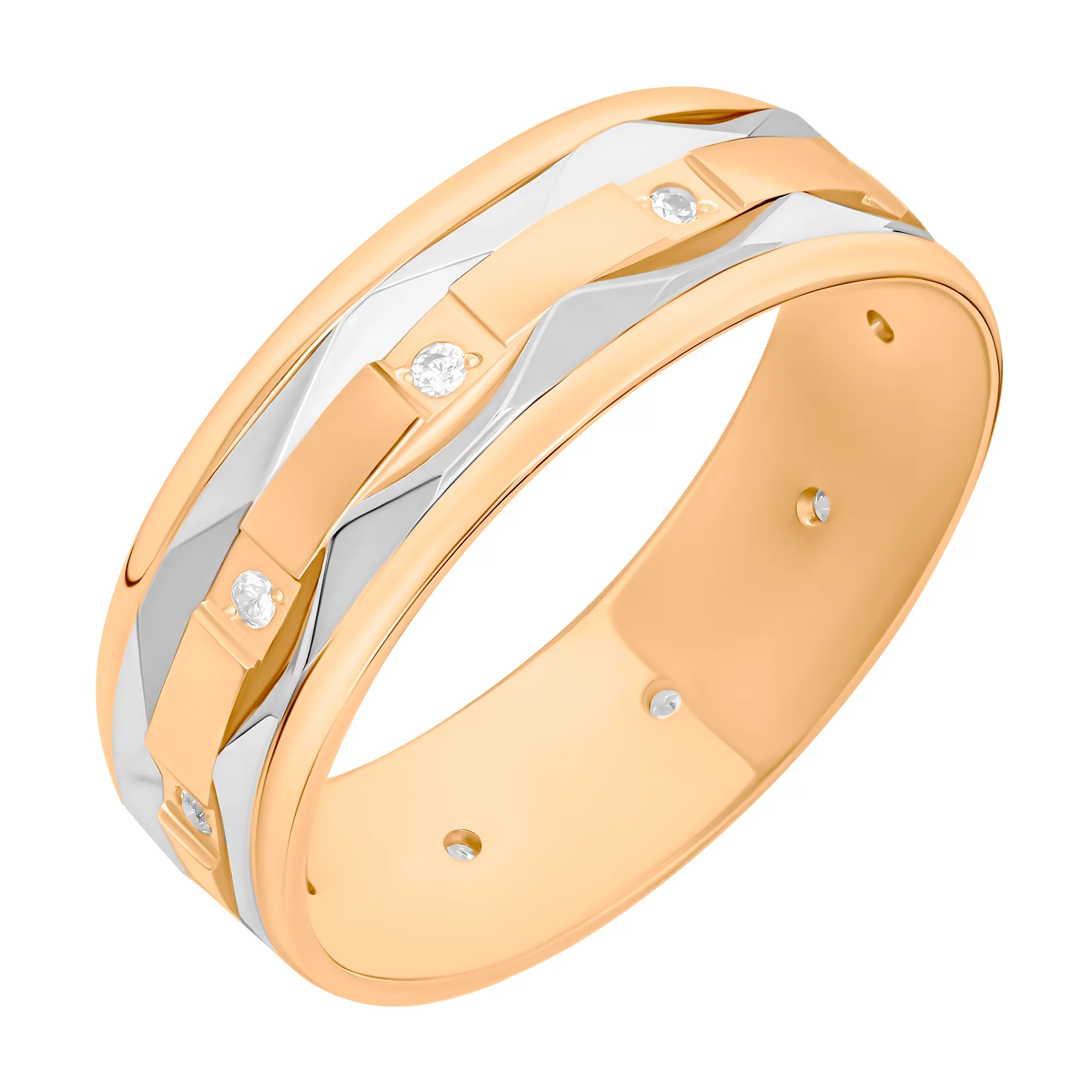 Обручальное кольцо из комбинированого золота с фианитом в стиле классика - 521211 – изображение 1