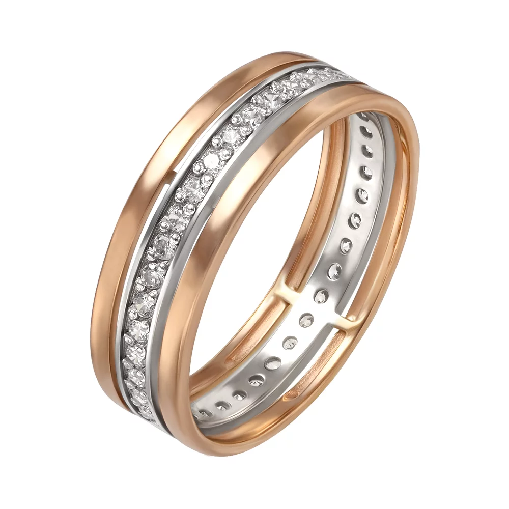 Обручальное кольцо из комбинированного золота с фианитом. Артикул 330058: цена, отзывы, фото – купить в интернет-магазине AURUM