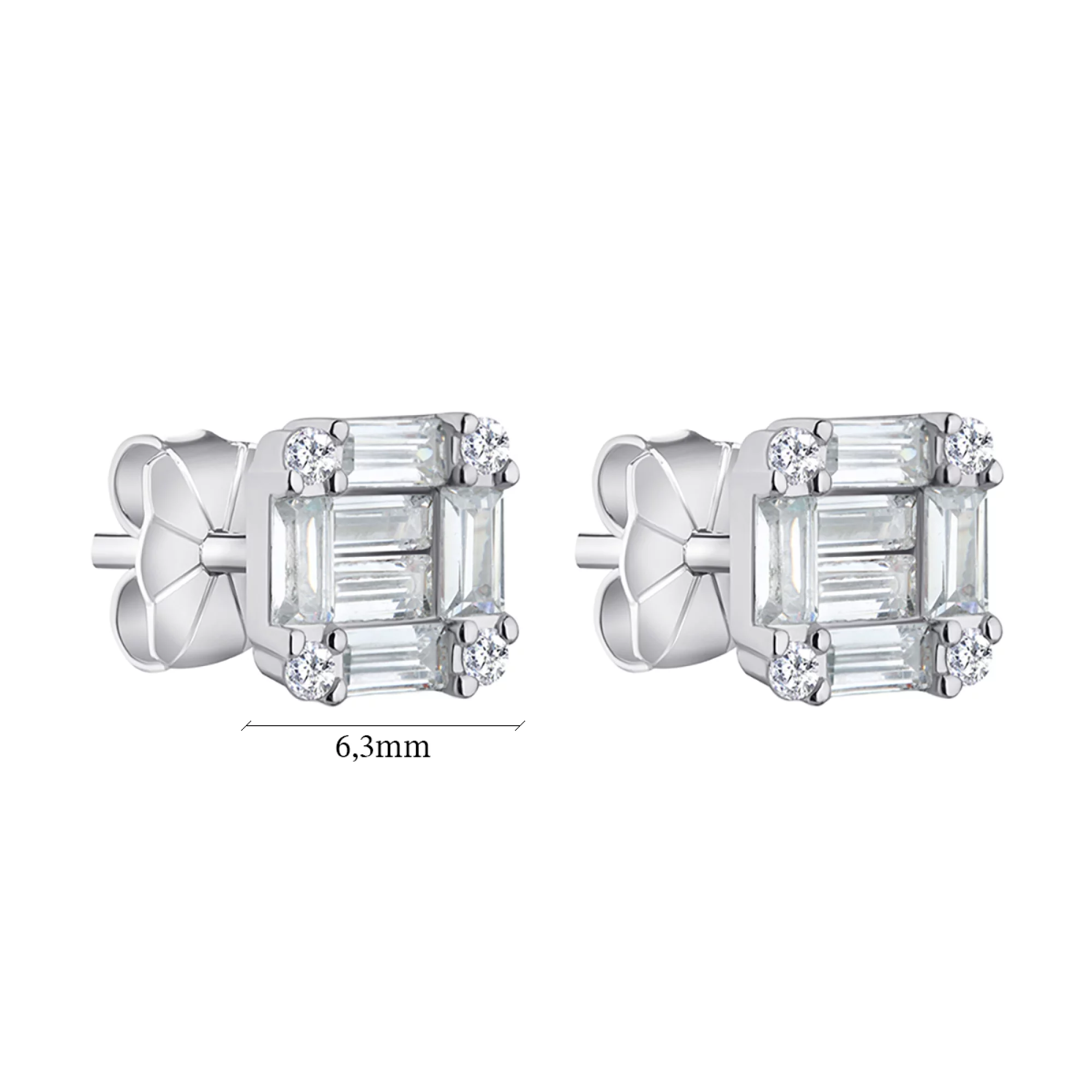 Срібні сережки-гвоздики Квадрат із фіанітом - 1309350 – зображення 2