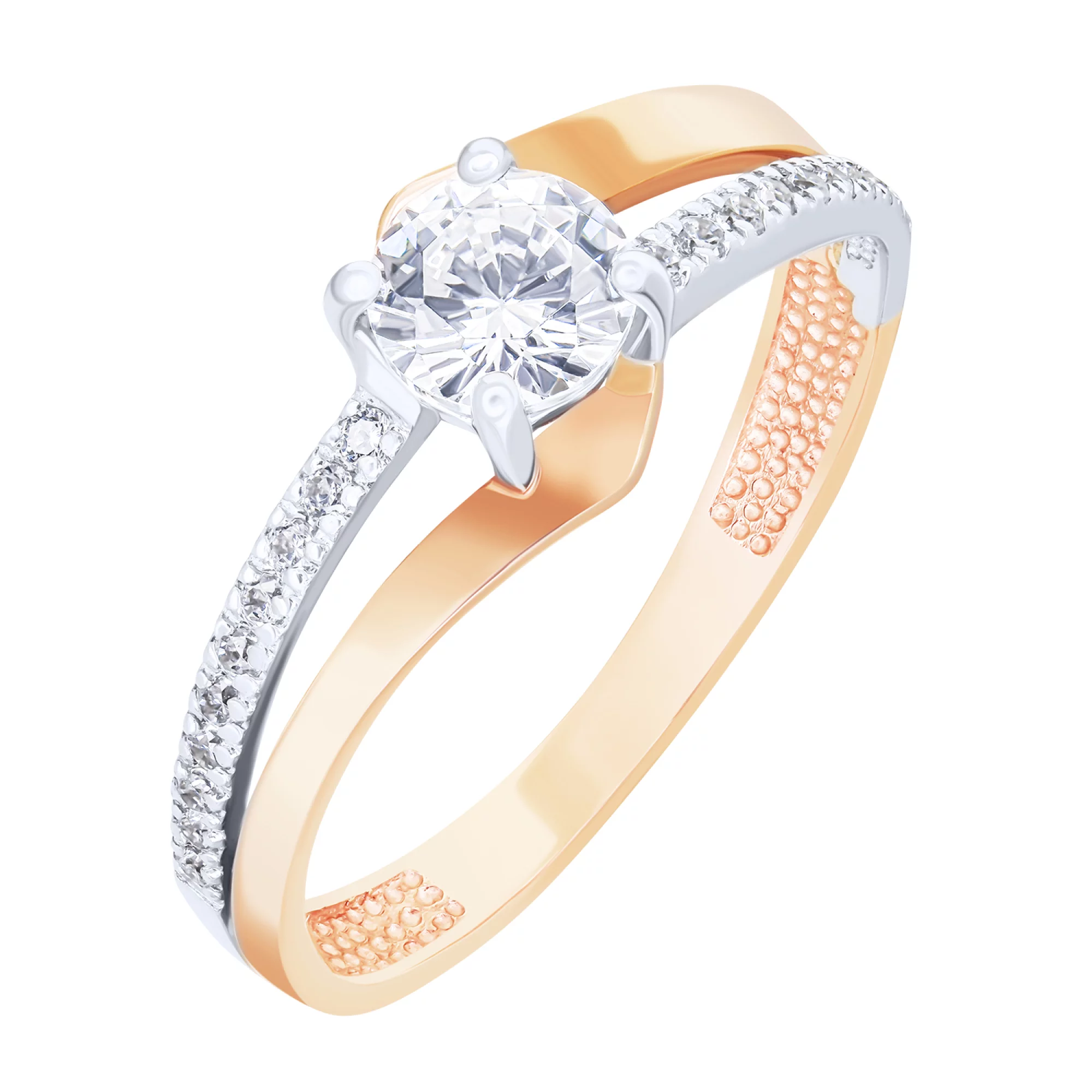 Двойное кольцо для помолвки из красного золота с фианитами - 1559538 – изображение 1