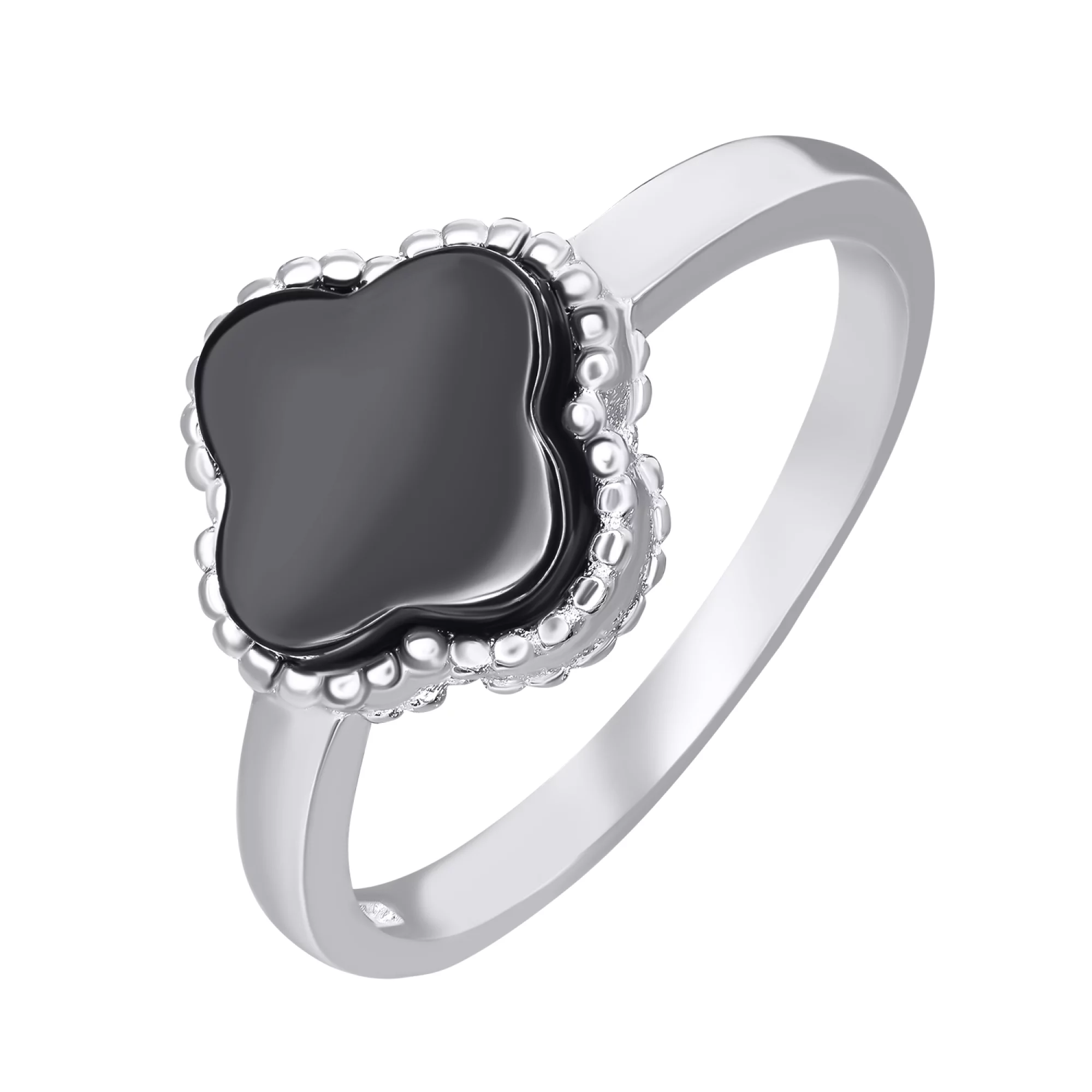 Кольцо серебряное с ониксом "Клевер" - 1483521 – изображение 1