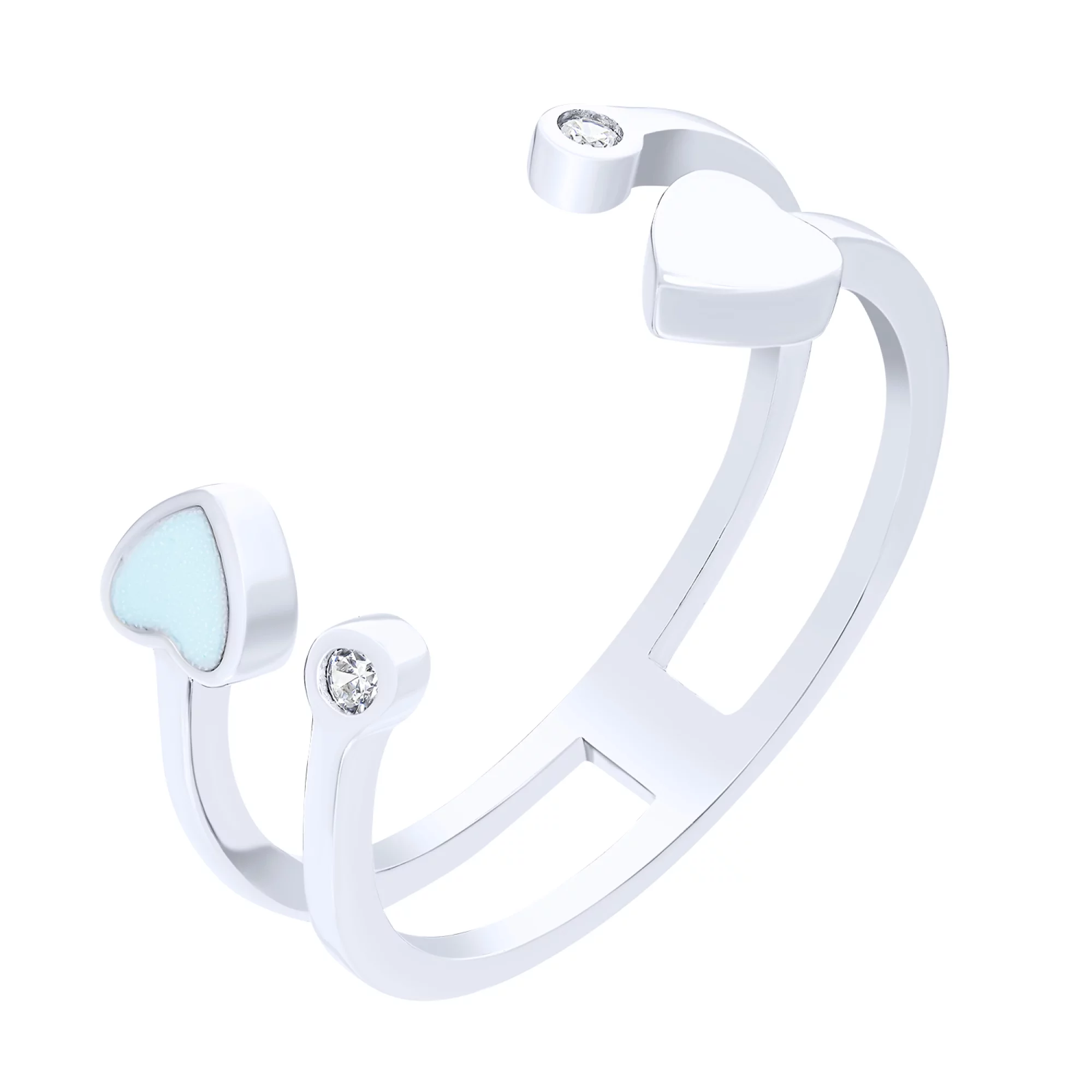 Незамкнутое серебряное кольцо "Сердце" с эмалью и фианитами - 1611477 – изображение 1