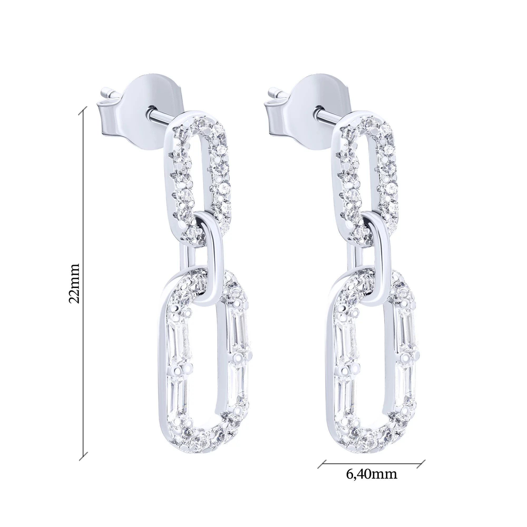 Сережки-гвоздики срібні з підвісками "Ланки" та фіанітами - 1572558 – зображення 3