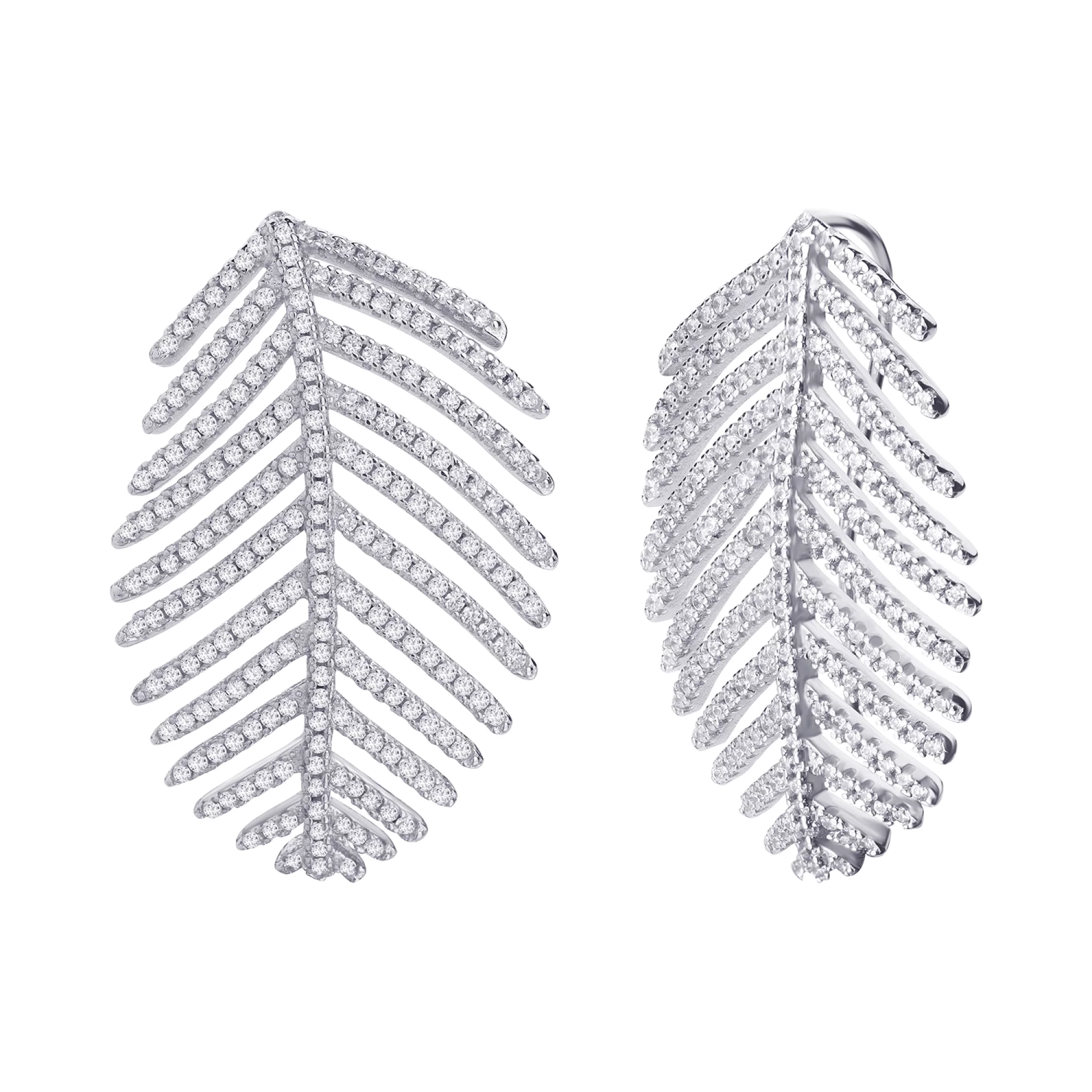 Срібні сережки-кафи з фіанітами "Перо" - 972438 – зображення 1