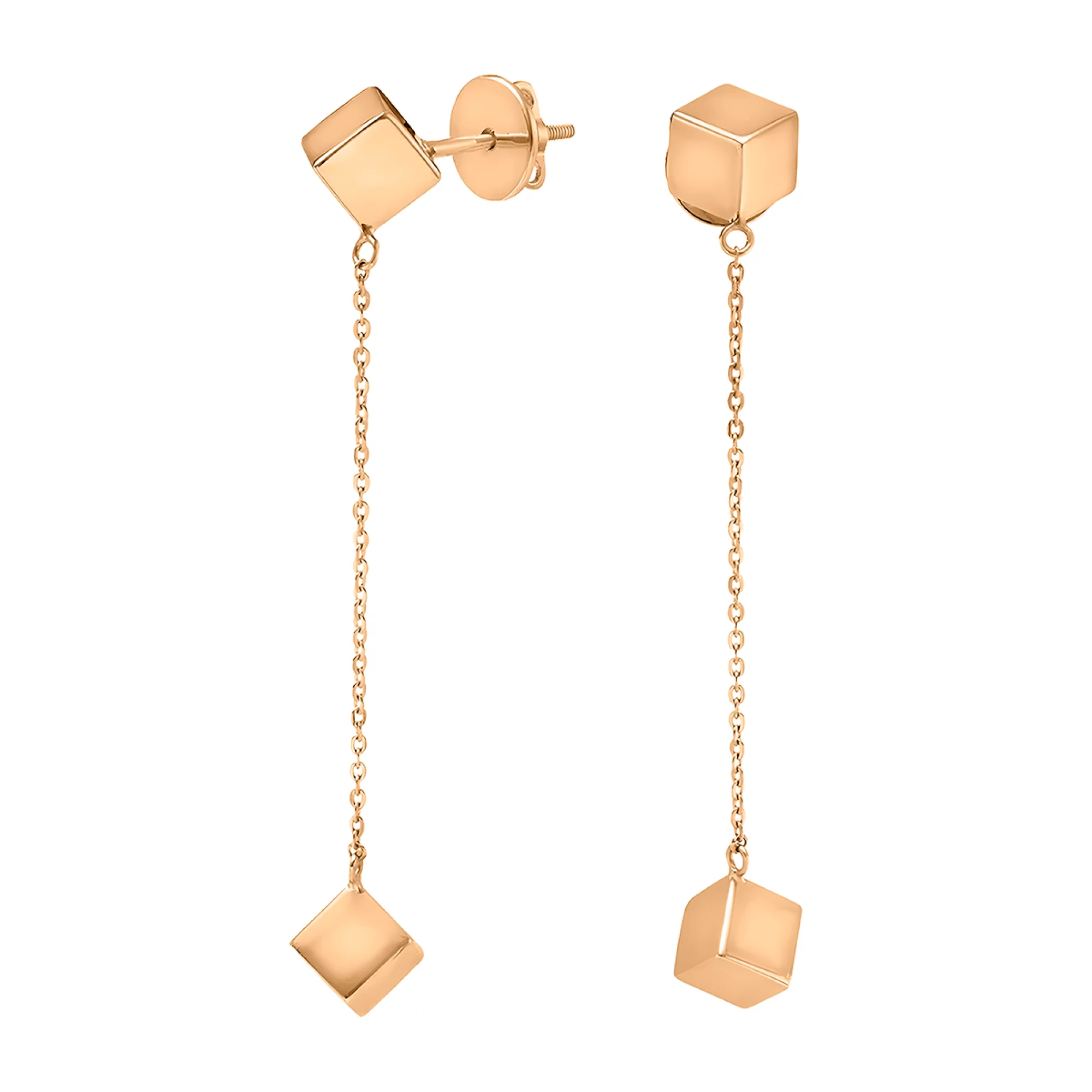 Сережки-гвоздики з червоного золота з підвісами "Куб" - 959885 – зображення 1