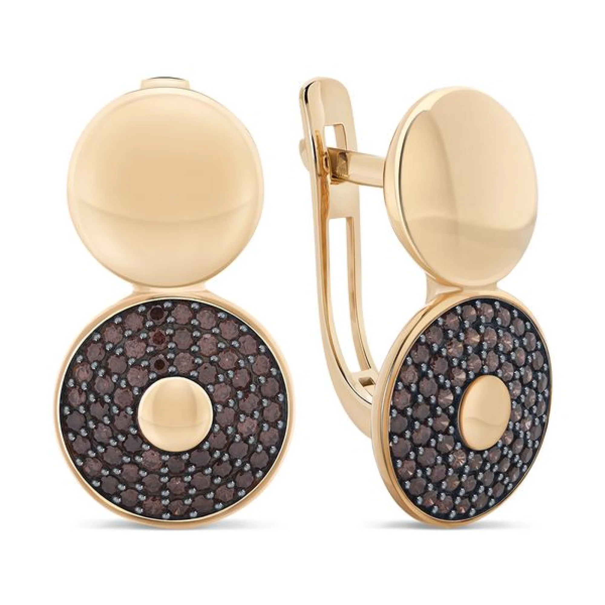 Сережки с коричневыми фианитами "Круги" в красном золоте - 406832 - 1