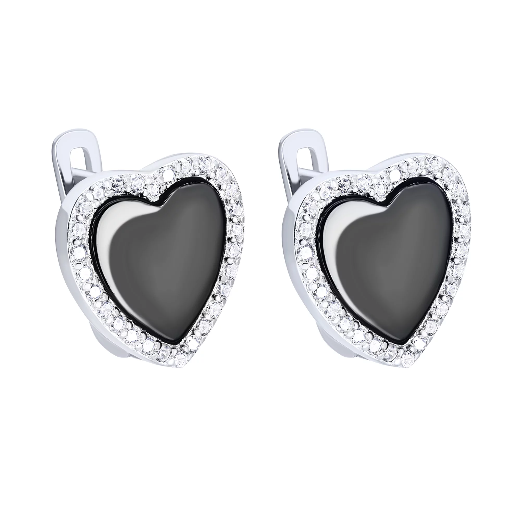 Сережки "Сердечко" срібні з фіанітом та оніксом - 1611993 – зображення 1