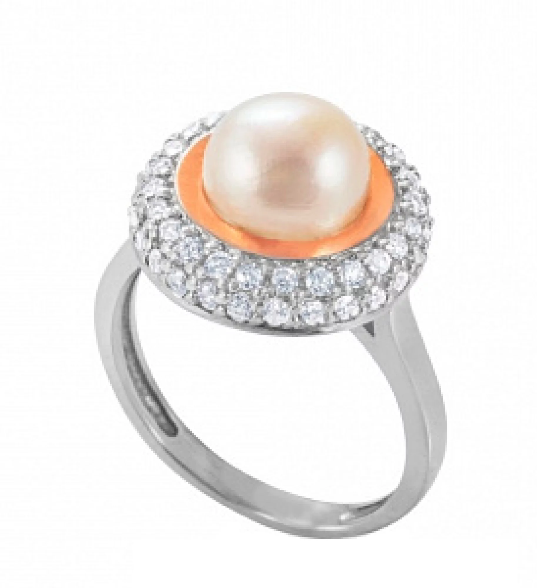 Серебряное кольцо с позолотой жемчужиной и фианитом - 1071330 – изображение 1