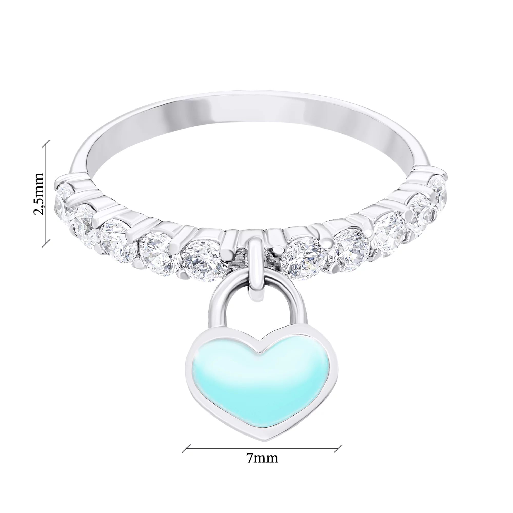 Серебряное кольцо с фианитами и подвесным сердечком с эмалью - 1549863 – изображение 3