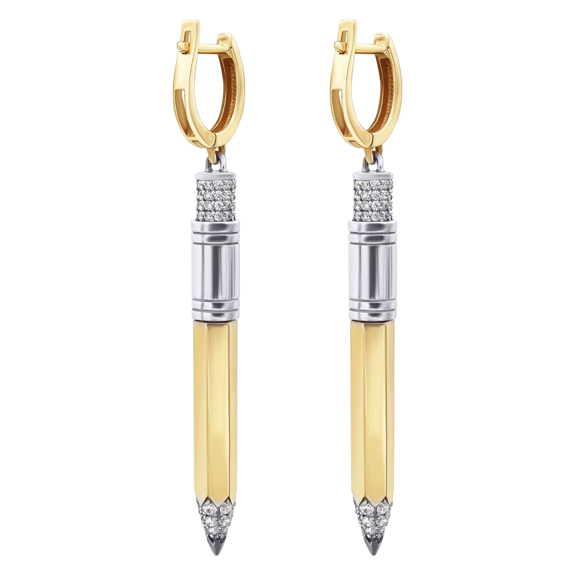 Сережки "Карандаш" из комбинированного золота с фианитами - 406788 - 2