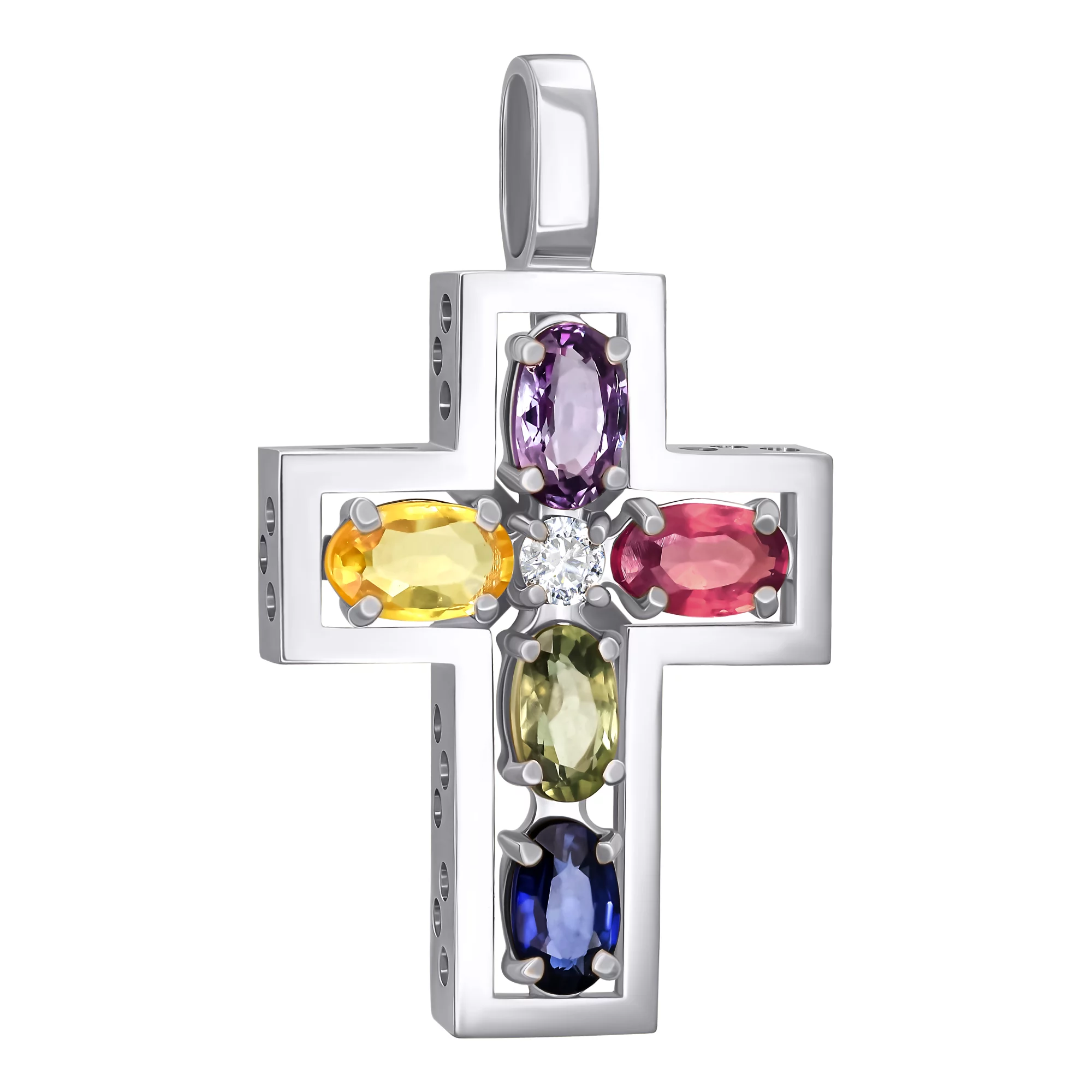 Крестик из белого золота с бриллиантом и разноцветными сапфирами - 897038 – изображение 1