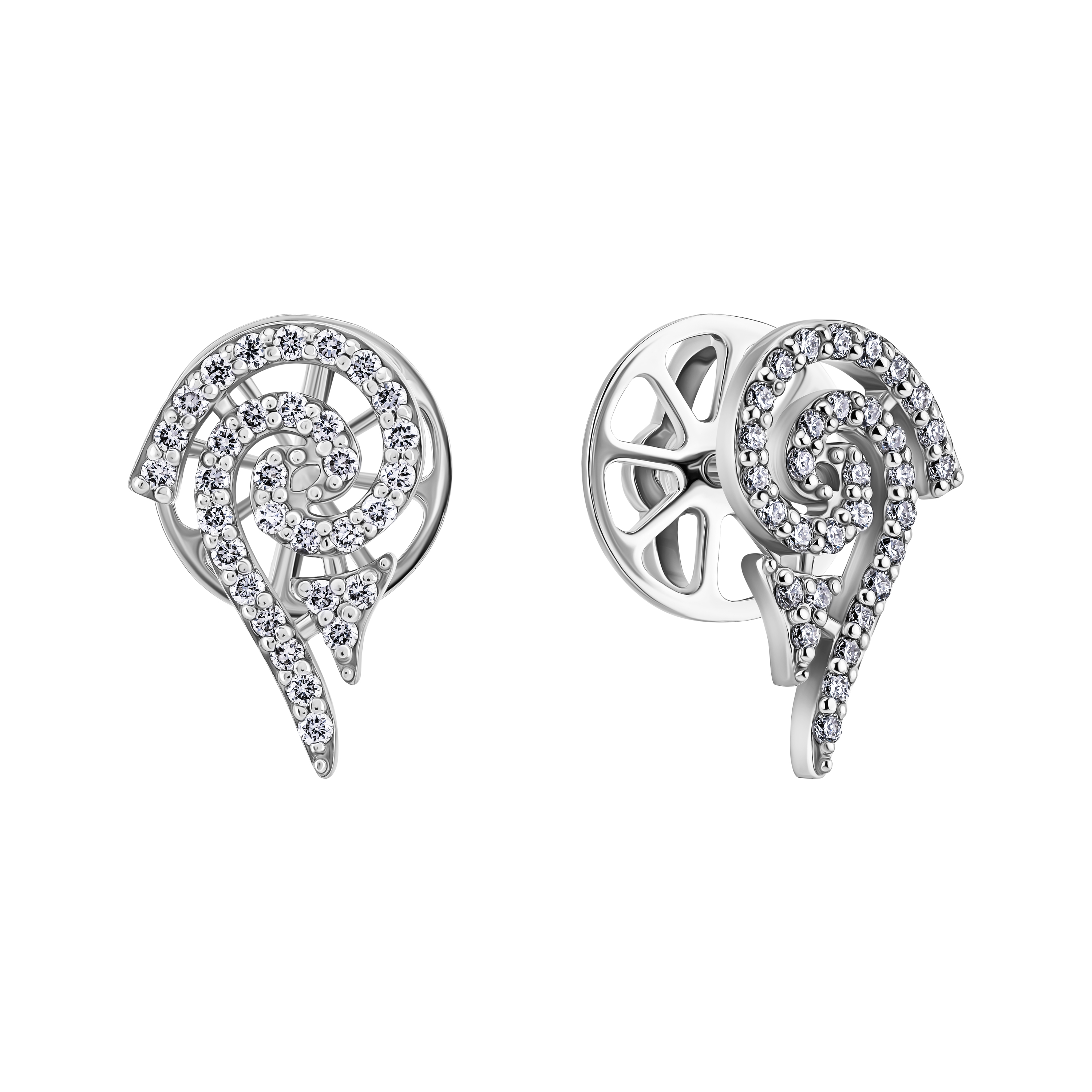 Сережки-гвоздики "Завитки" з діамантом в білому золоті