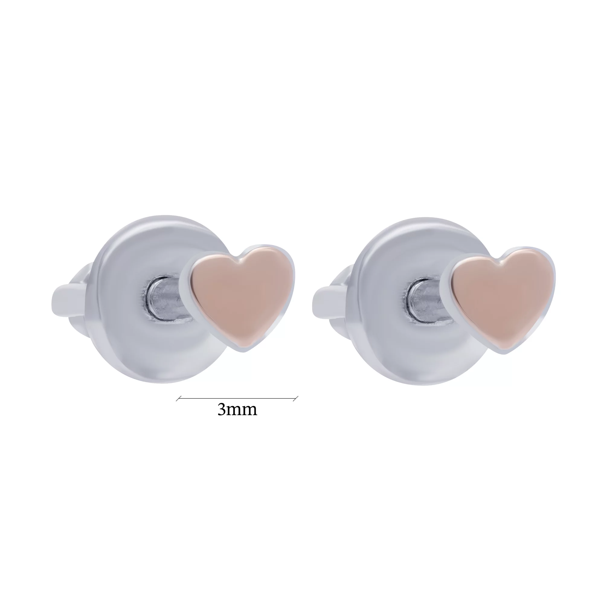 Срібні сережки-гвоздики "Сердечка" з позолотою - 1663849 – зображення 3