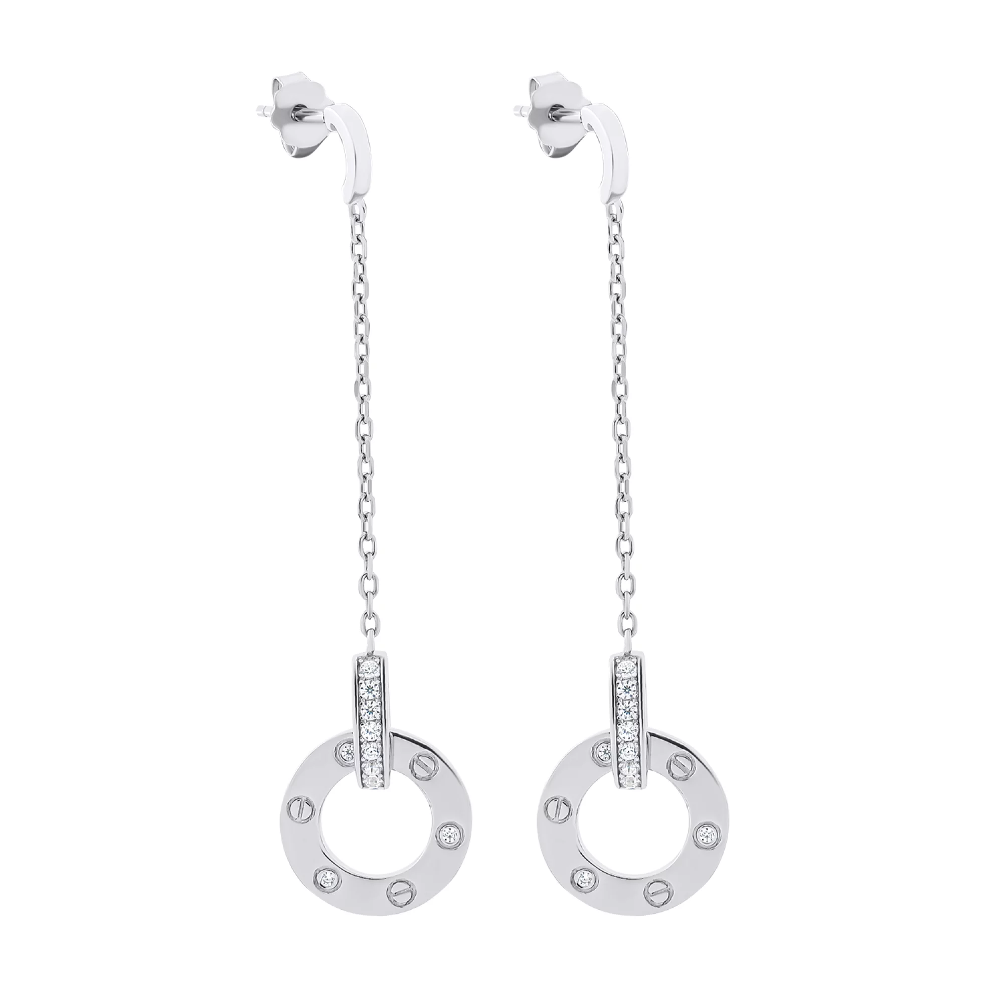 Серьги-гвоздики из серебра с подвесами и фианитами "Love" - 1502403 – изображение 1