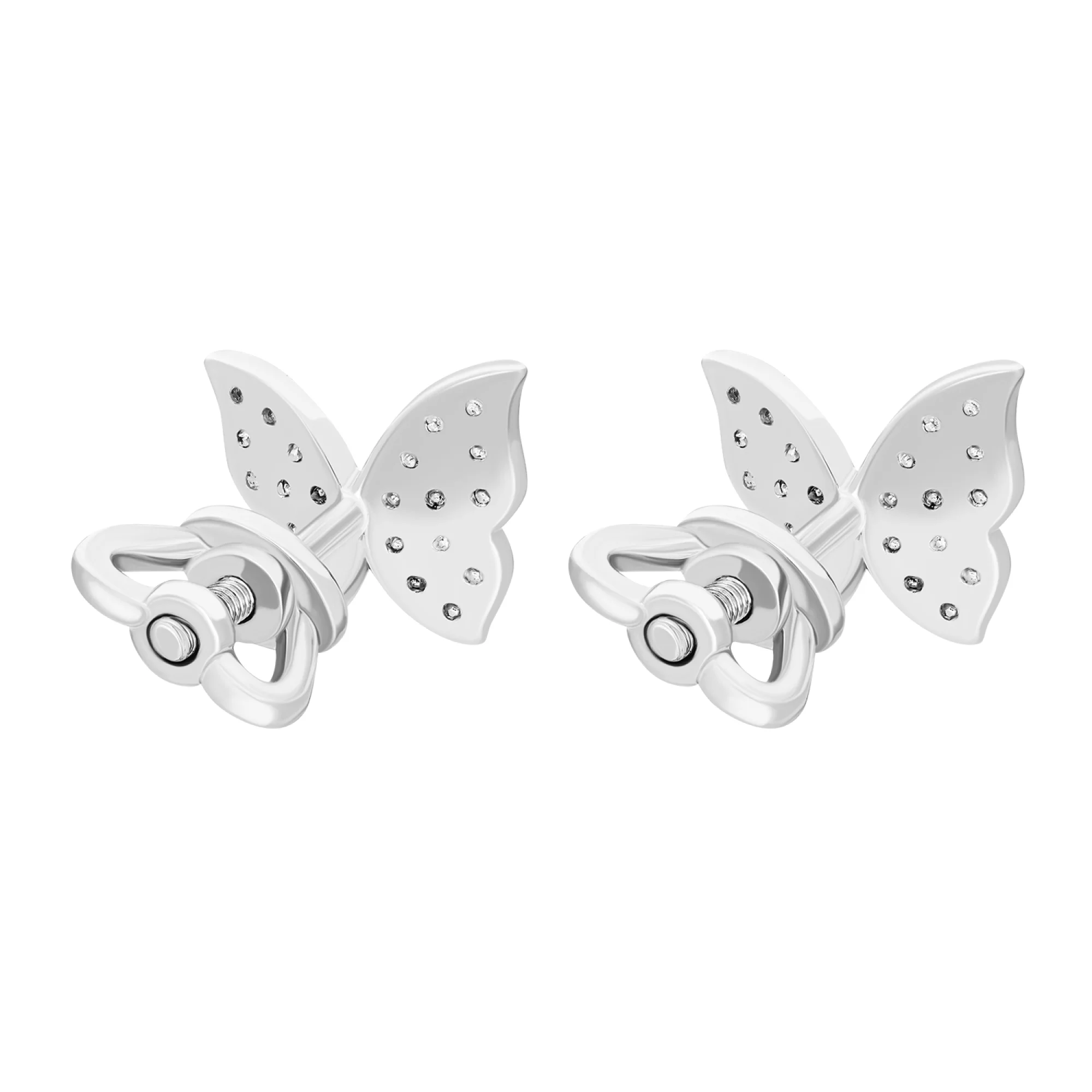 Срібні сережки-гвоздики з розсипом фіанітів "Метелик" - 1579436 – зображення 2