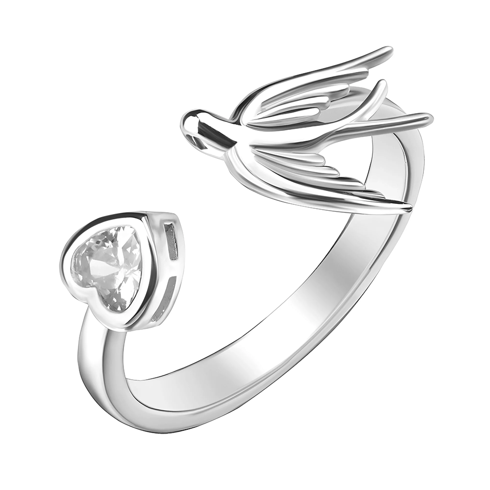 Незамкнутое серебряное кольцо с фианитом "Ласточка" - 1552591 – изображение 1