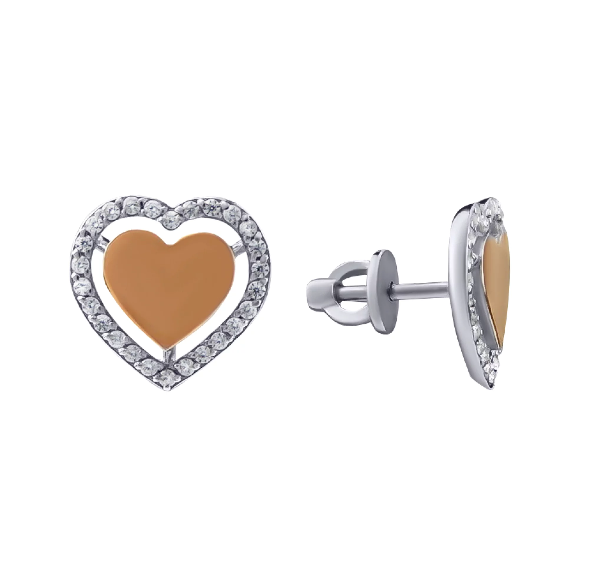 Сережки-гвоздики срібні з позолотою і фіанітами "Сердечка" - 771865 – зображення 1