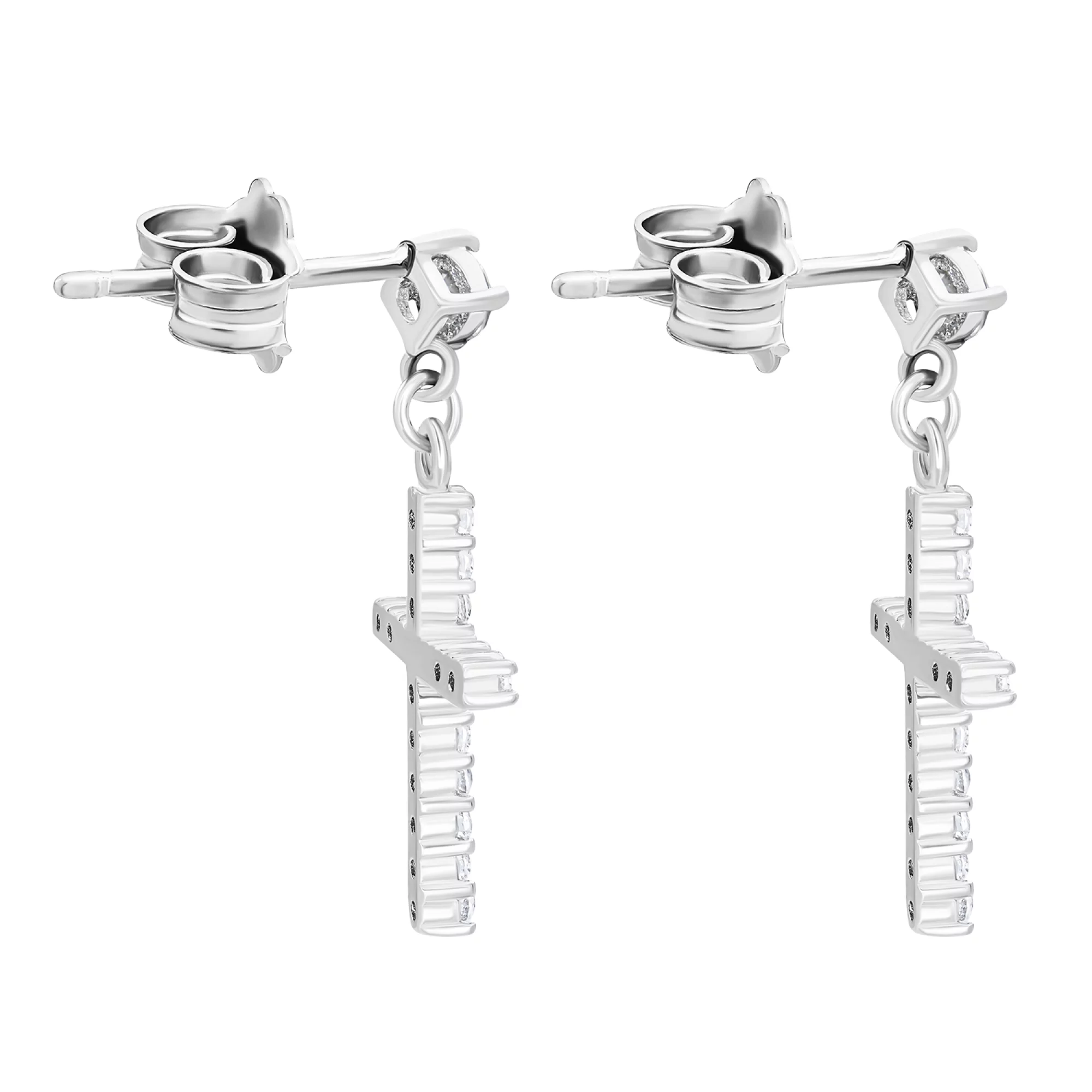 Серьги-гвоздики из серебра с подвесками "Крестик" с дорожкой фианитов - 1558855 – изображение 2