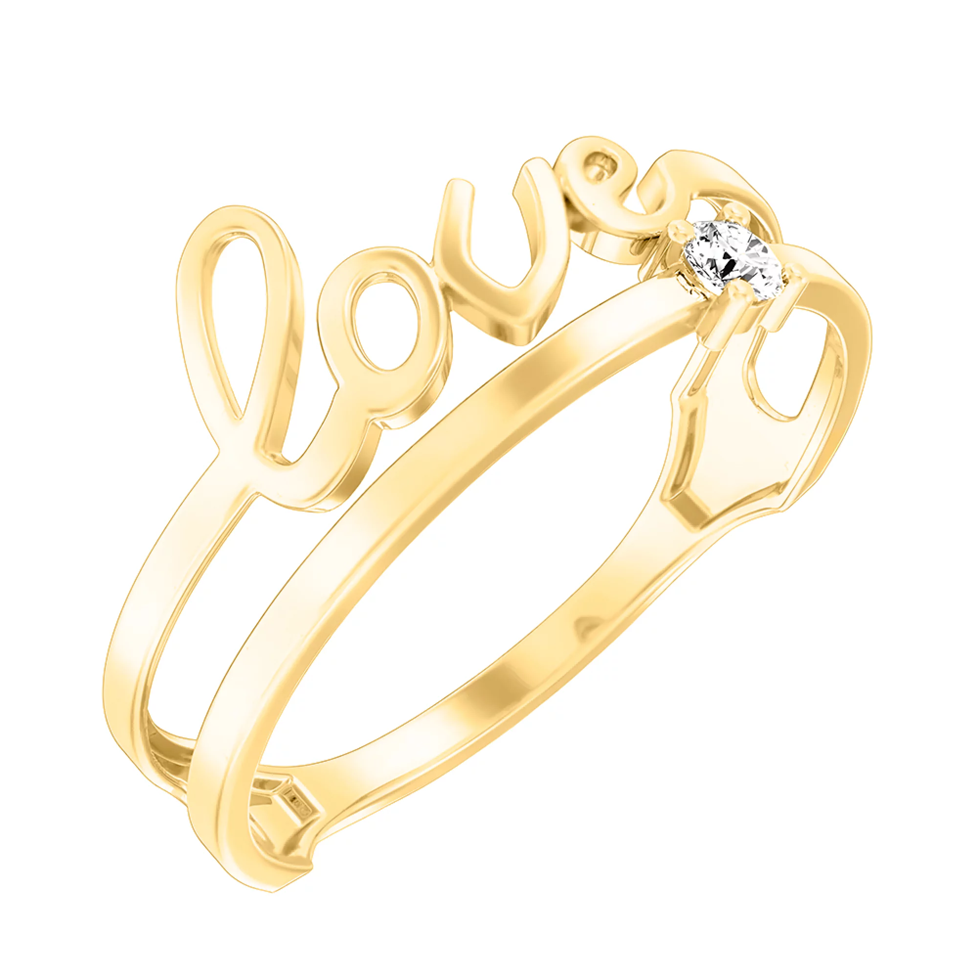 Кольцо из лимонного золота с фианитом "Love" - 972280 – изображение 1
