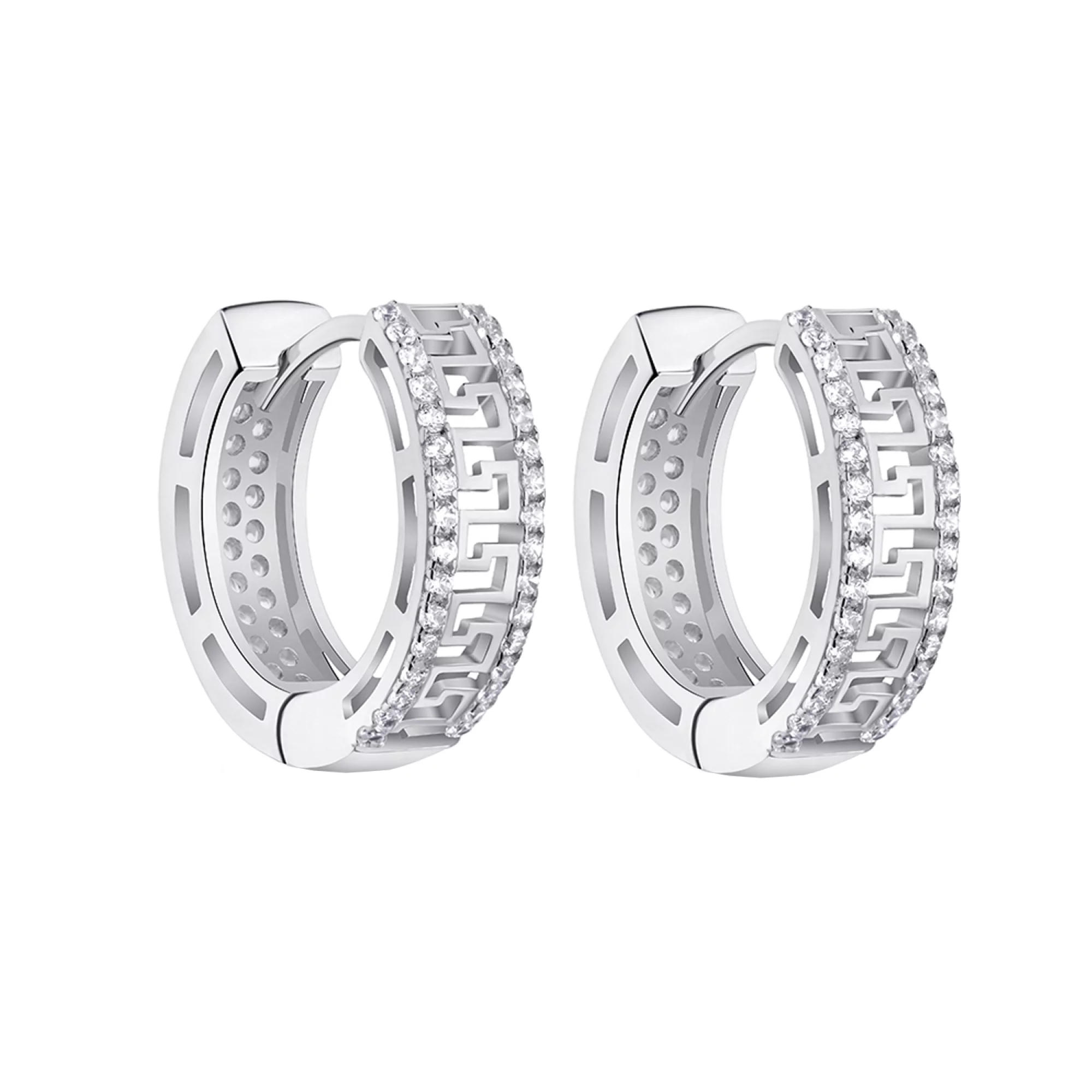 Срібні двосторонні сережки-кільця з фіанітами  - 1572435 – зображення 1