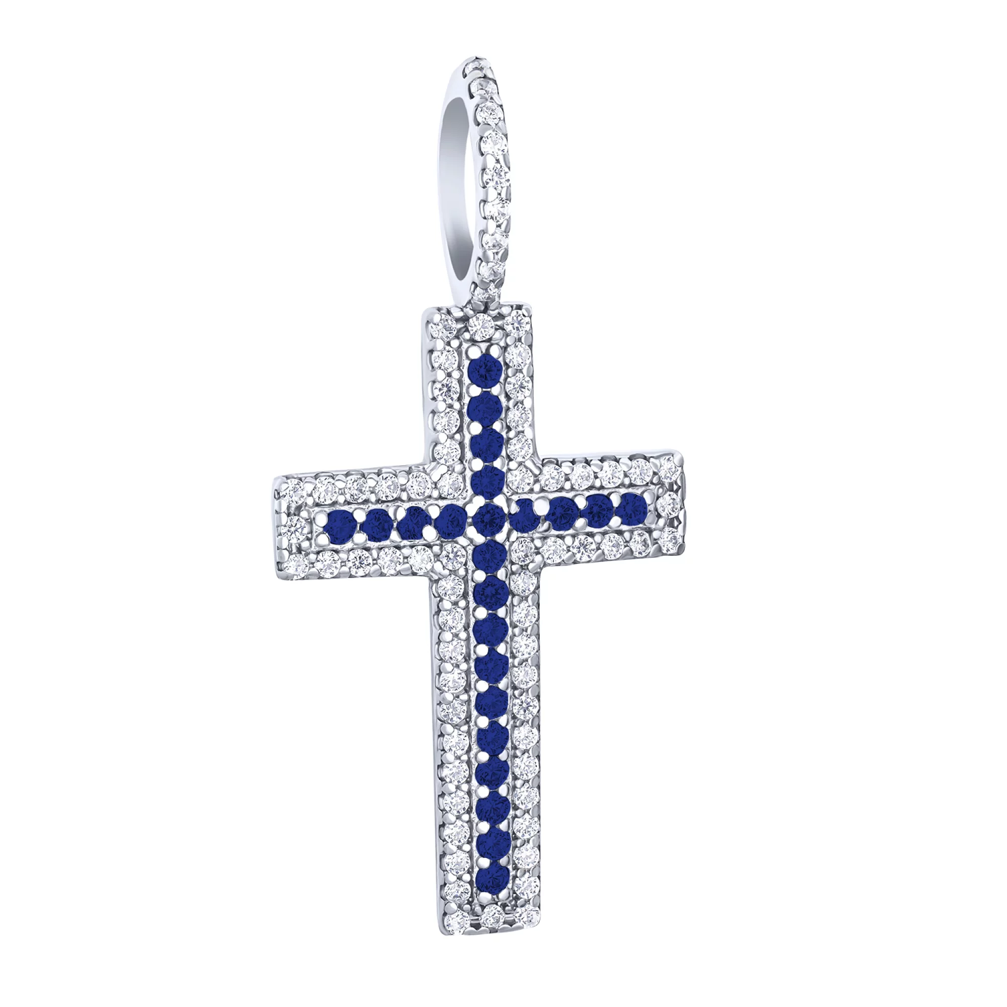 Срібний хрест з синіми та білими фіанітами - 1684955 – зображення 1