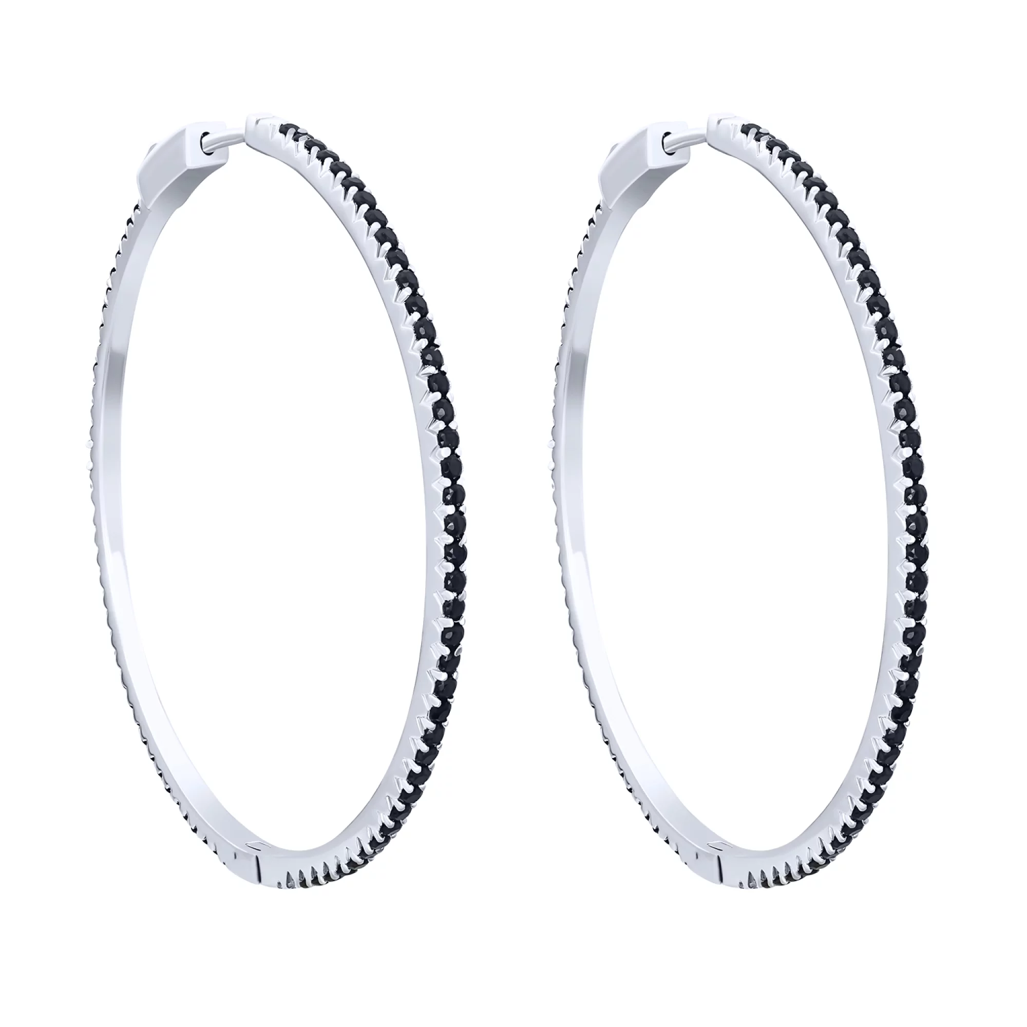 Серебряные серьги-кольца с дорожкой черных фианитов - 1679727 – изображение 1