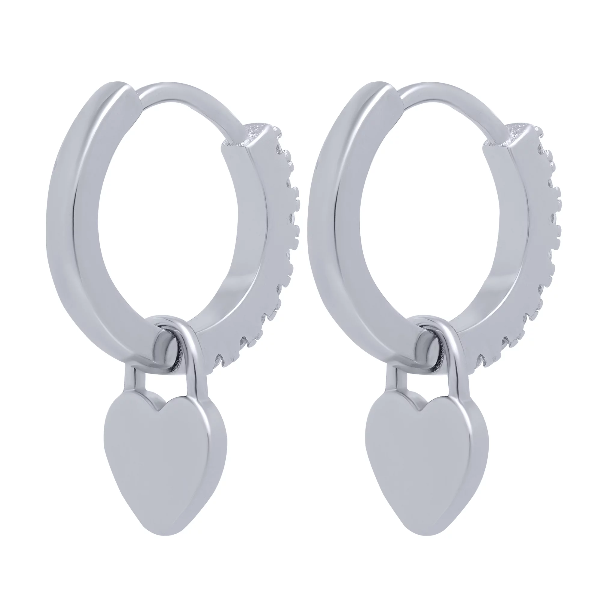 Срібні сережки-кільця з підвіскою "Сердечко" з емаллю та фіанітами - 1683297 – зображення 2
