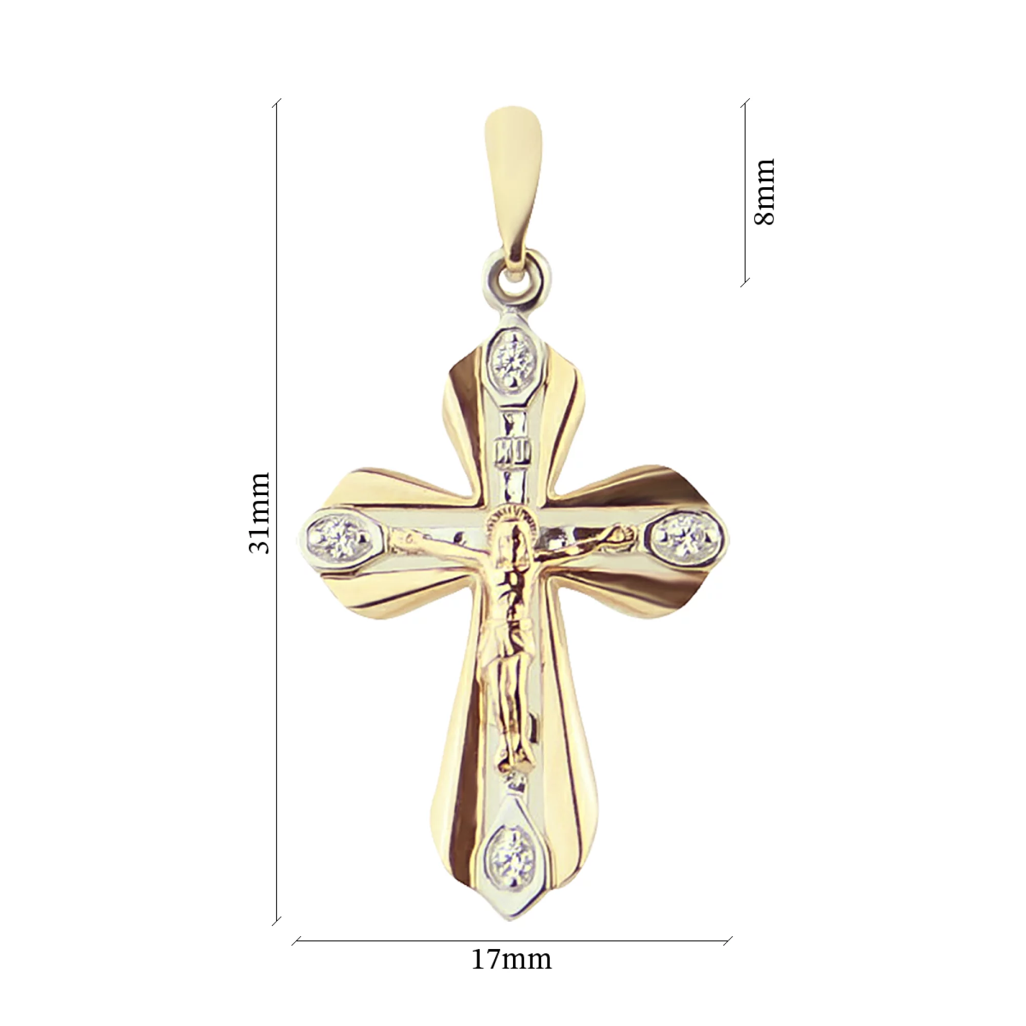 Хрестик з комбінованого золота з фіанітами - 474577 – зображення 2